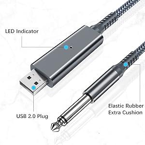 USB Guitar Cable 6.6FT,1/4 Inch TS Instrument Cord,USB A to 6.35mm Male Jack Stereo Audio Interconnect Wire Line for Electric Guitar,Bass,Keyboard,Mixer,Amplifier,Amp,Speaker,Equalizer, Feet