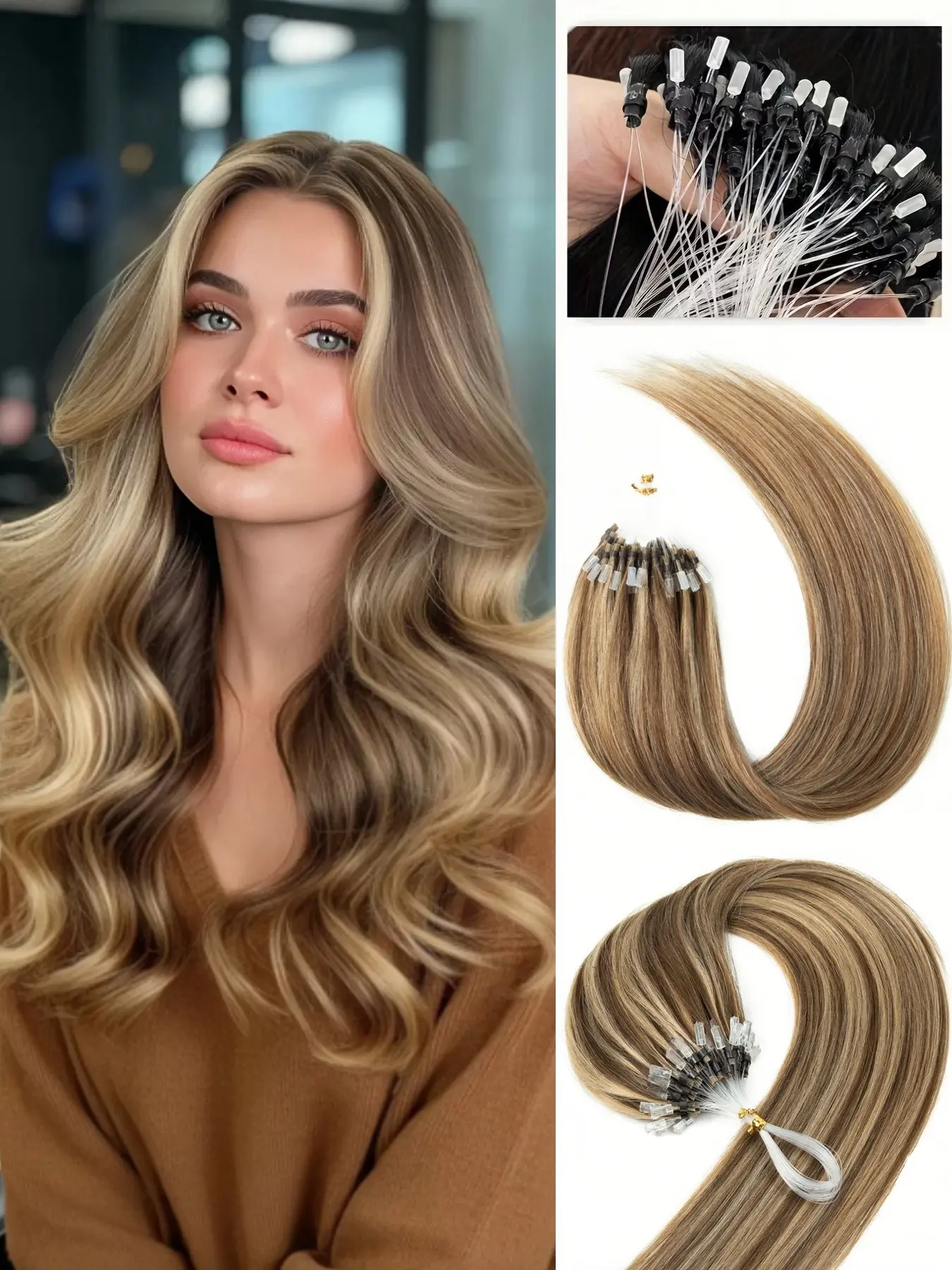 50pcs Natural Micro Loop Ring Hair Extensions, Easy Install, No Glue Tape Heat, Adds Volume Length, Ideal for Daily Party Salon Looks