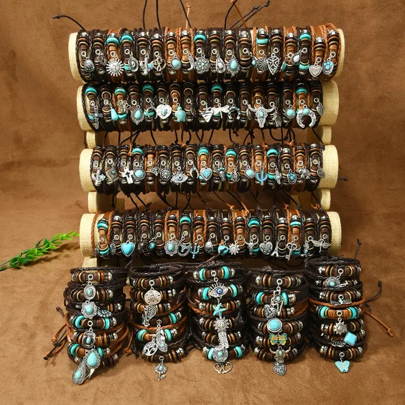 PU Leather Bracelet Set, 10/20-Piece Stackable Western Elegance Bangles with Turquoise Beads and Braided Bands, Unisex Arm Candy Accessories for Daily Festival Wear, Bracelets, Casual, Wrist Candy, Leather Bracelets & Bangles
