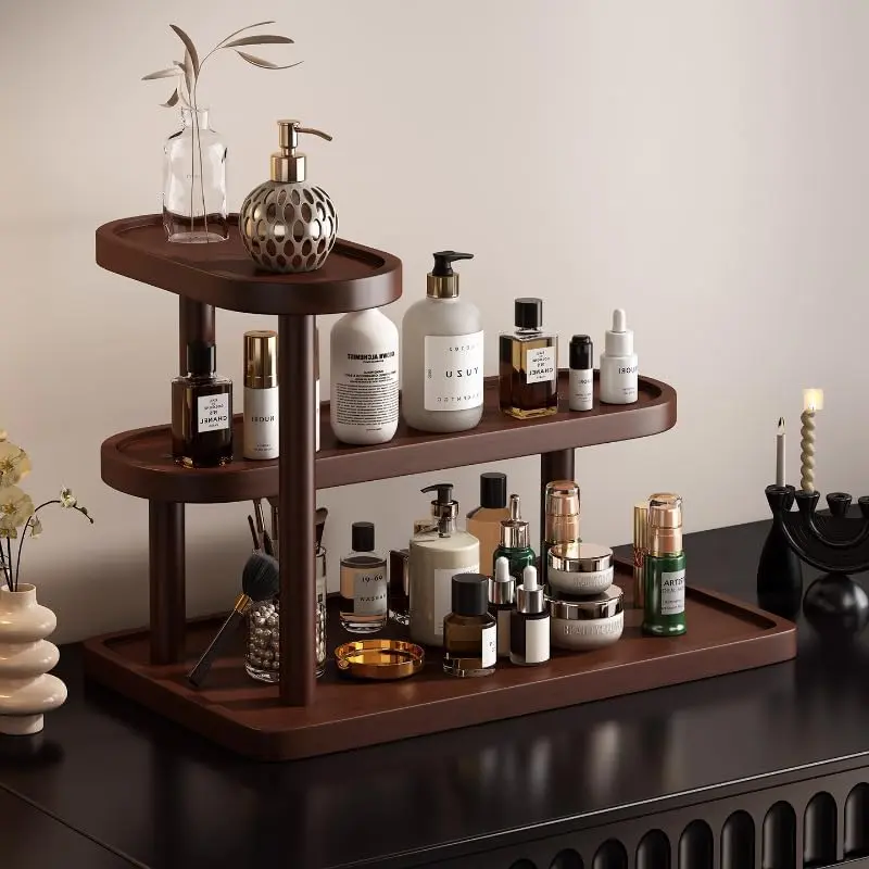 Staggered 3-Layer Wooden Counter Shelf - Minimalist Single Unit Home Organizer for Makeup, Skincare & Spices