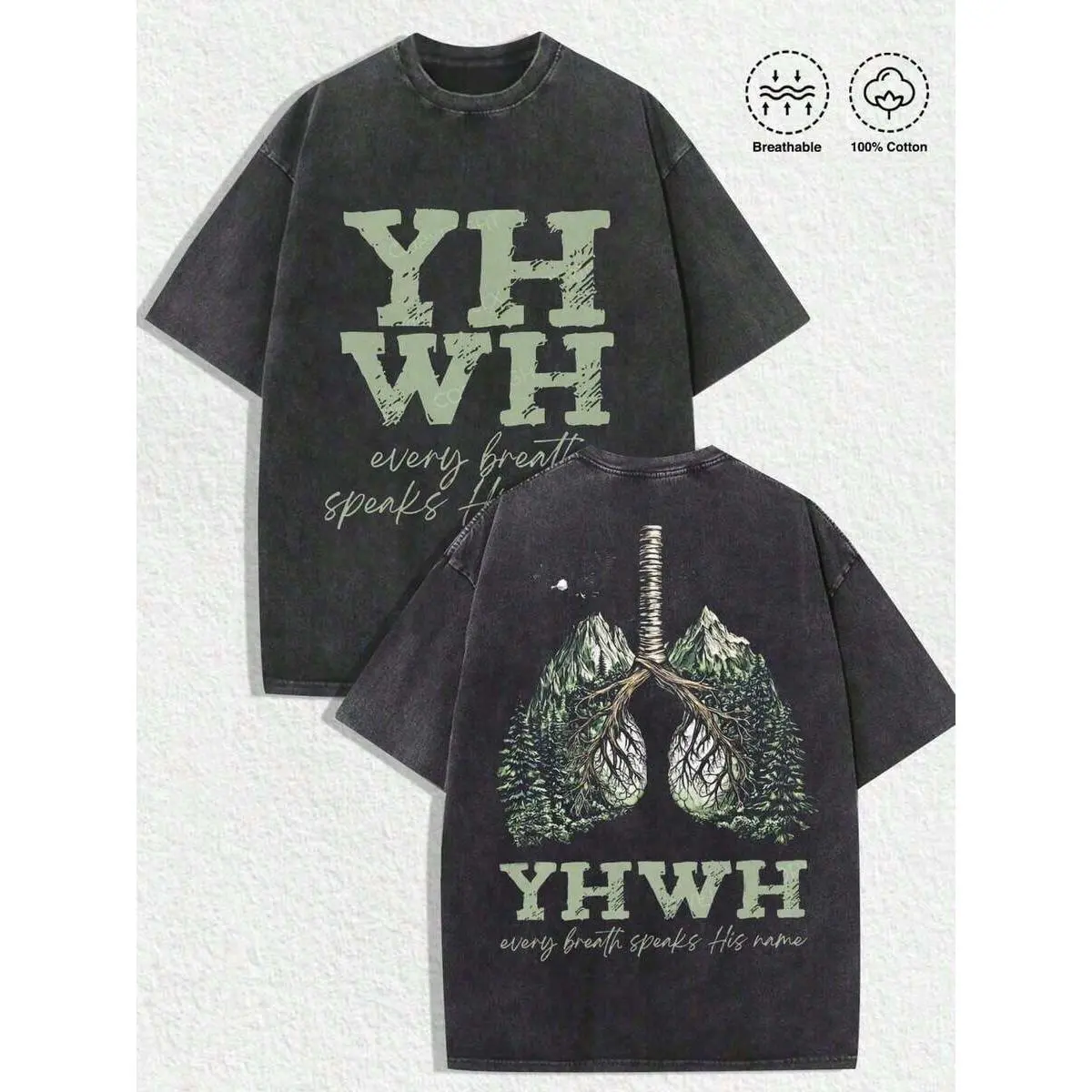Retro Religious Summer Unisex Tops,"YHWH - Every Breath Speaks His Name" Graphic Tee, Men's Round Neck Printed Short Sleeve Casual Washed T-Shirt, Gifts For Friends And Family, 100% Cotton T-Shirts Feature, Graphic Tees Women
