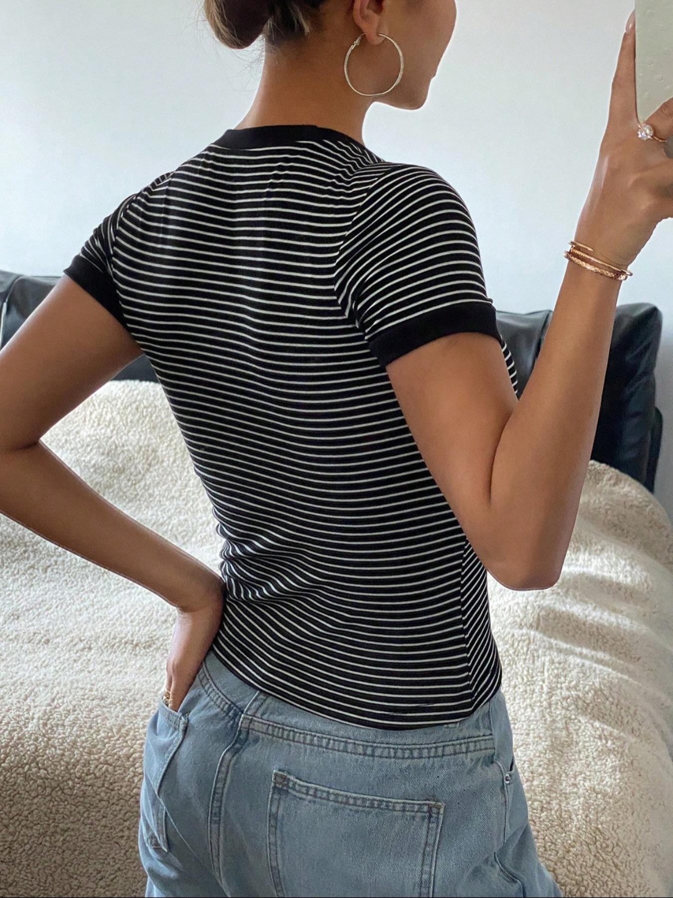 Women's Striped Print Round Neck Tee, Casual Short Sleeve T-shirt, Ladies Summer Clothes for Daily Wear