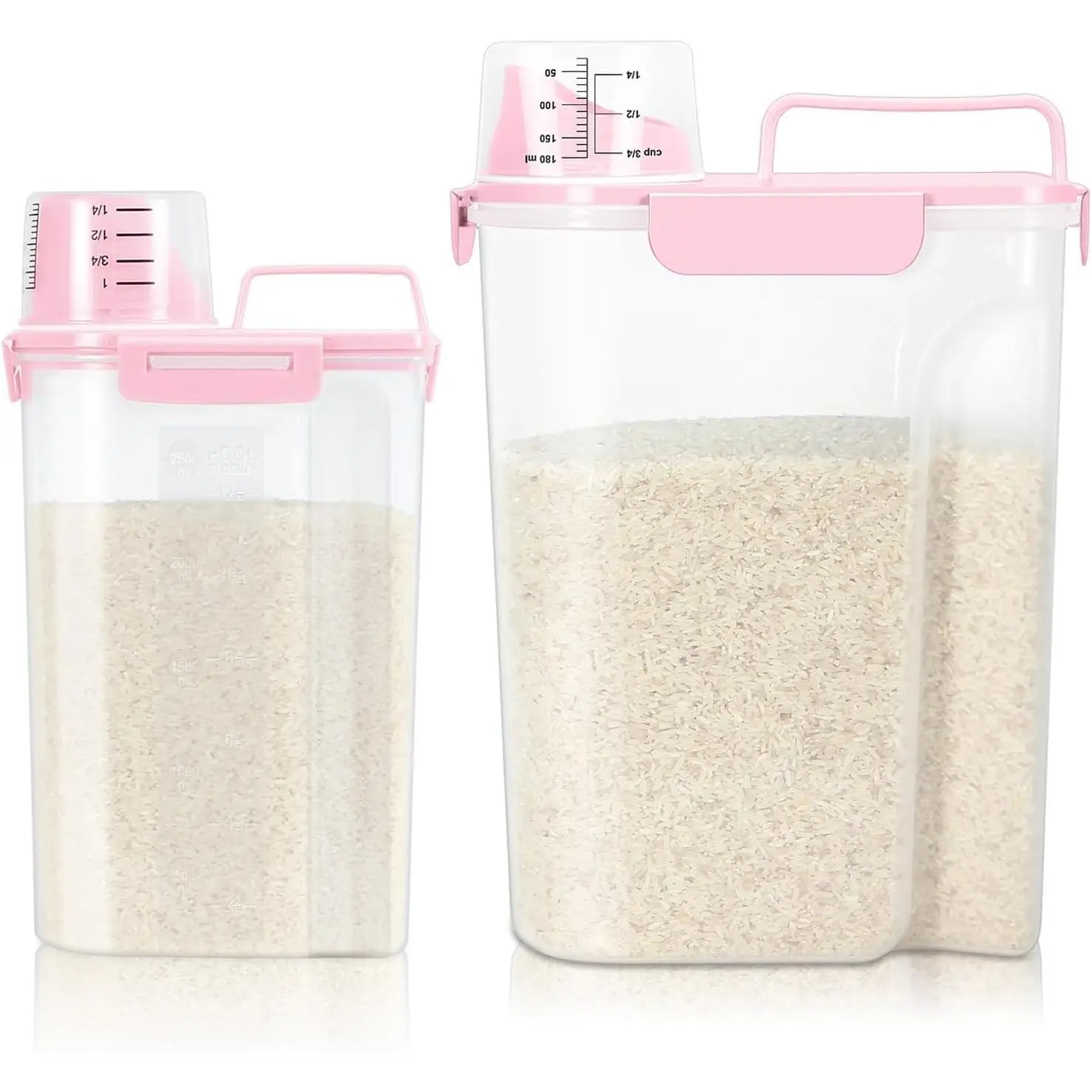 2 Pack Airtight Rice Container 5 Lbs +10 Lbs, Cereal Container Oatmeal Storage with Easy-pouring Spout & Handy Cup for Flour Grain Beans, Pet Dog Cat Bird Food Storage Dispenser -Pink