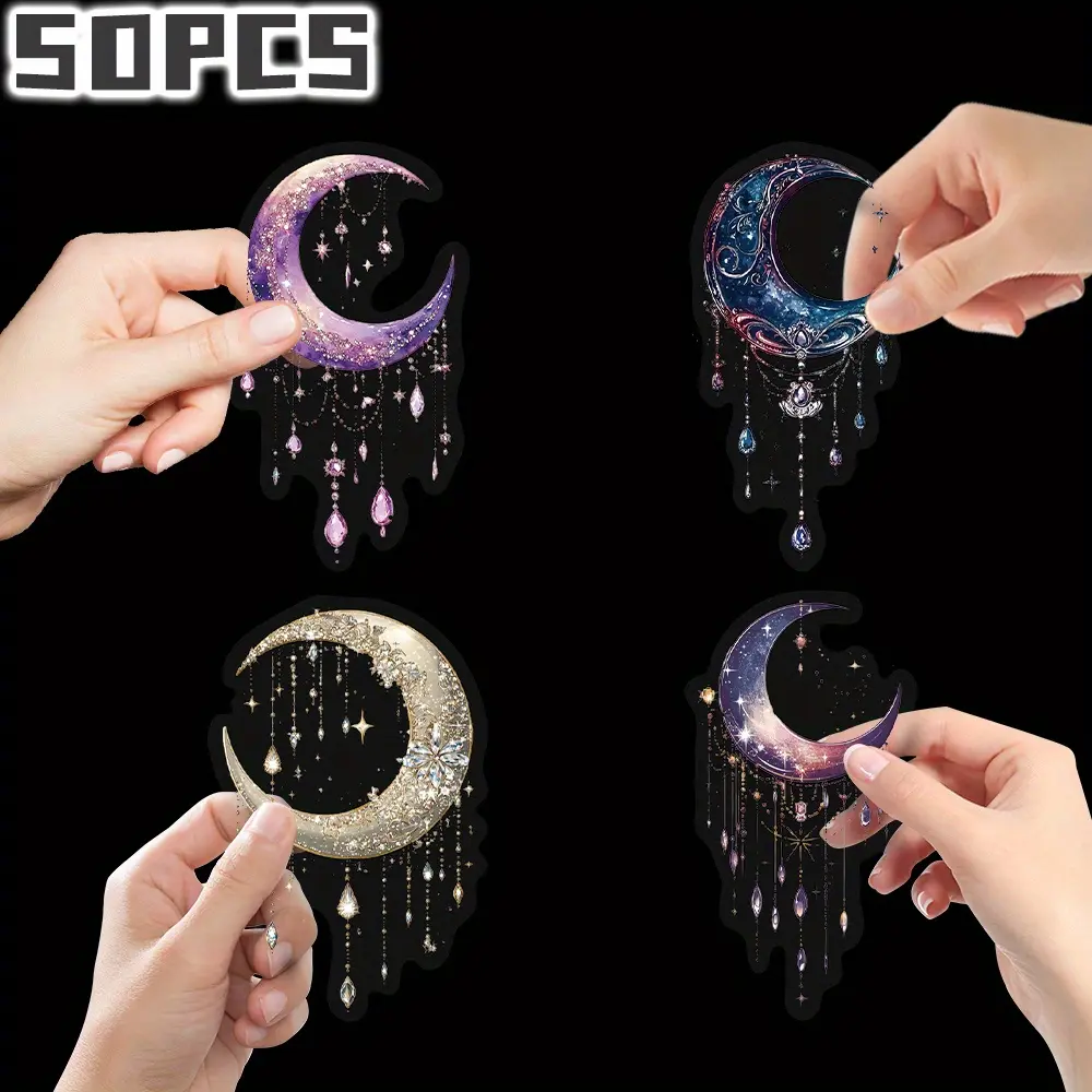 [Fantasy Crescent Moon Stickers] 50pcs Fantasy Crescent Moon Themed Transparent Stickers Non-Repeating Delicate Decoration for Holiday Gift Party Decors Home Decor Birthday Gift Luggage Scooter Hand Account Water Bottle Cups