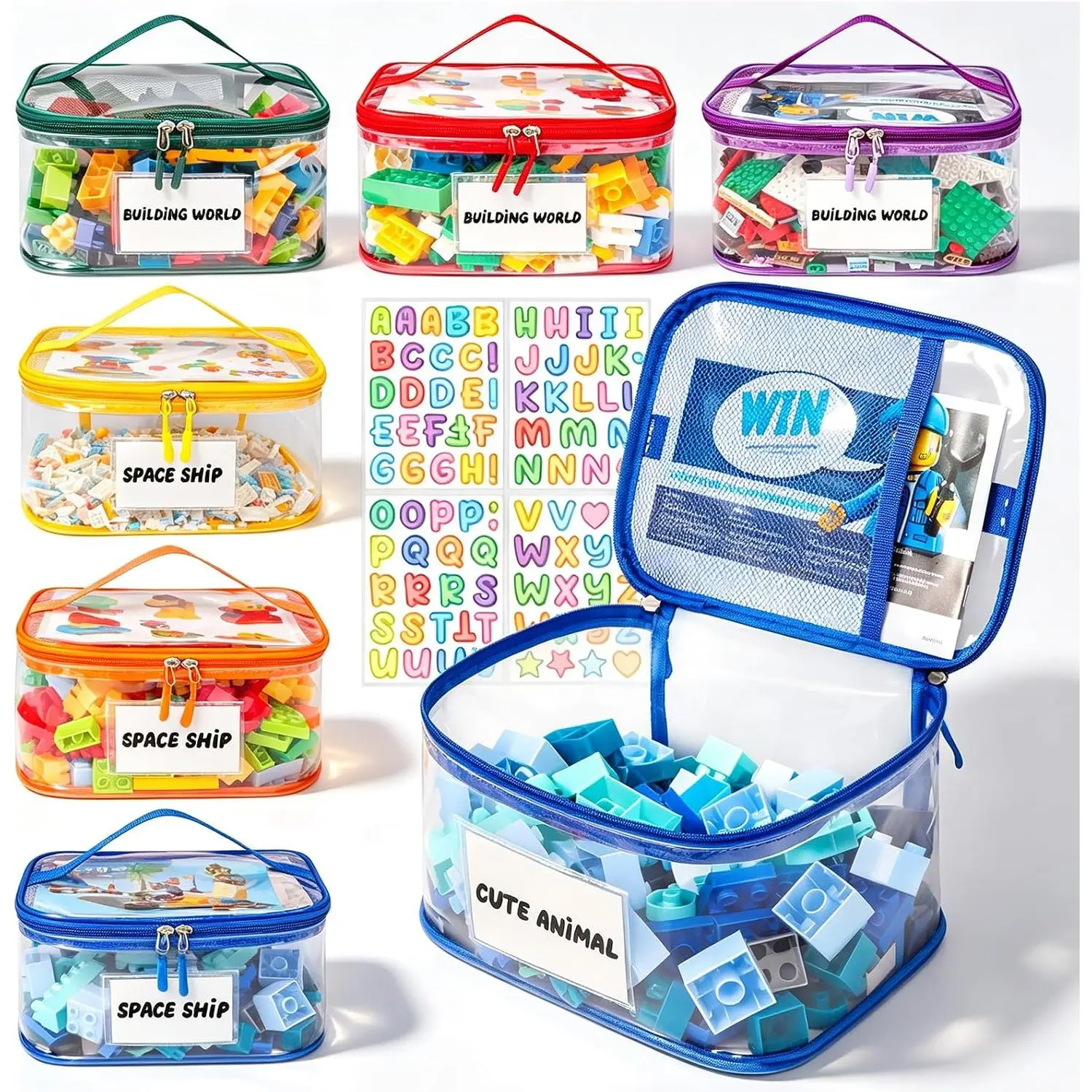 6 Pack Clear Toy Bag with Name Tag& Manual, Waterproof Transparent PVC Toy Organizer Case for Lego Bricks, Board Games, Building Blocks, Puzzles (Large Capacity, Colorful)