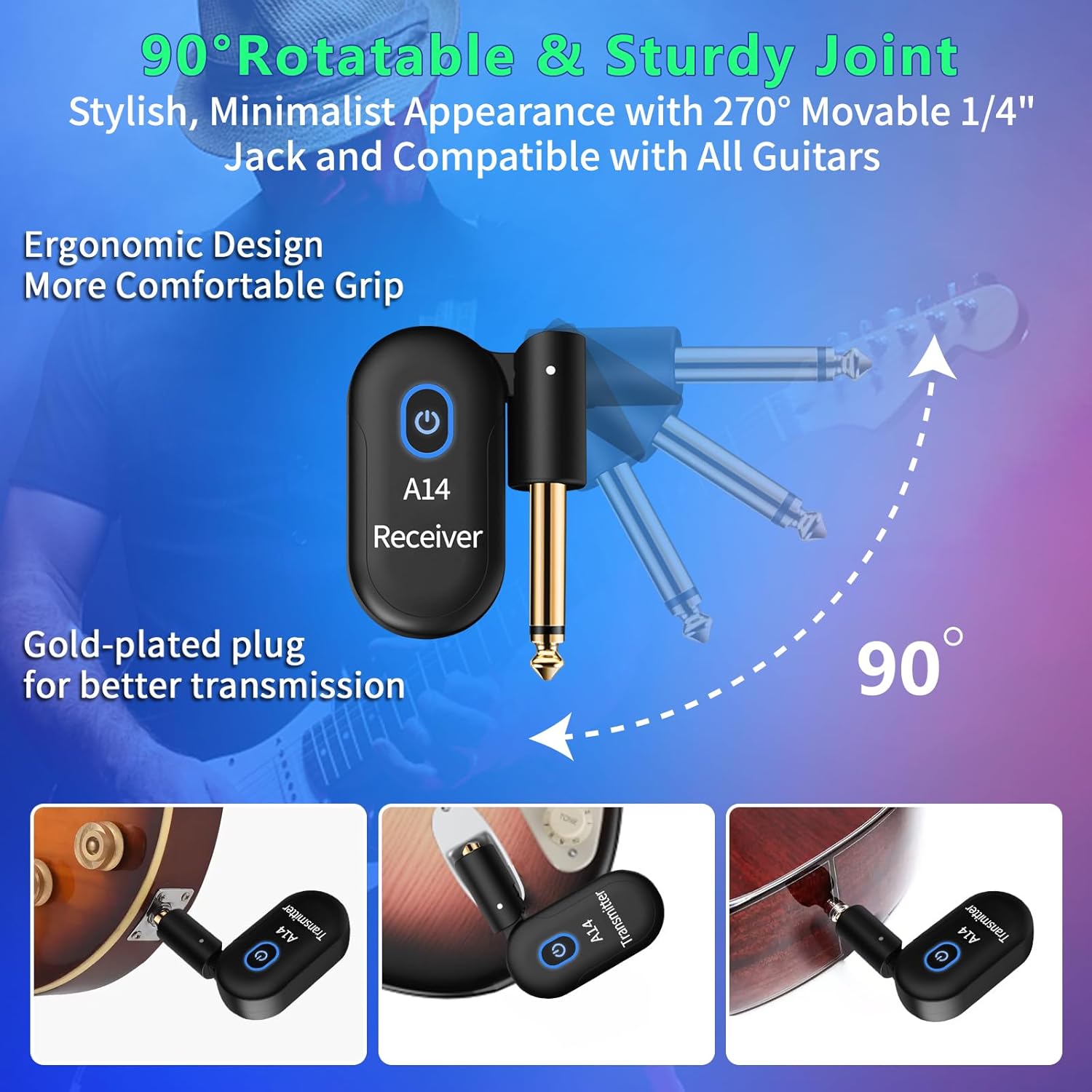 A14  Guitar System 2.4GHz 2 Modes, Thumb-Size, 90? Rotatable, Rechargeable Li-, 100ft Range, 10H, Plug & Play for Guitar, Bass, Violin, Keyboard - Black (1TX + 1RX)