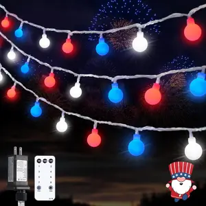 Connectable Red White and Blue Lights Indoor Outdoor, 100 LED 33ft 4th of July Decorations Light Plug in, 8 Modes Globe String Lights with Remote for Independence Day Party Patriotic Decor