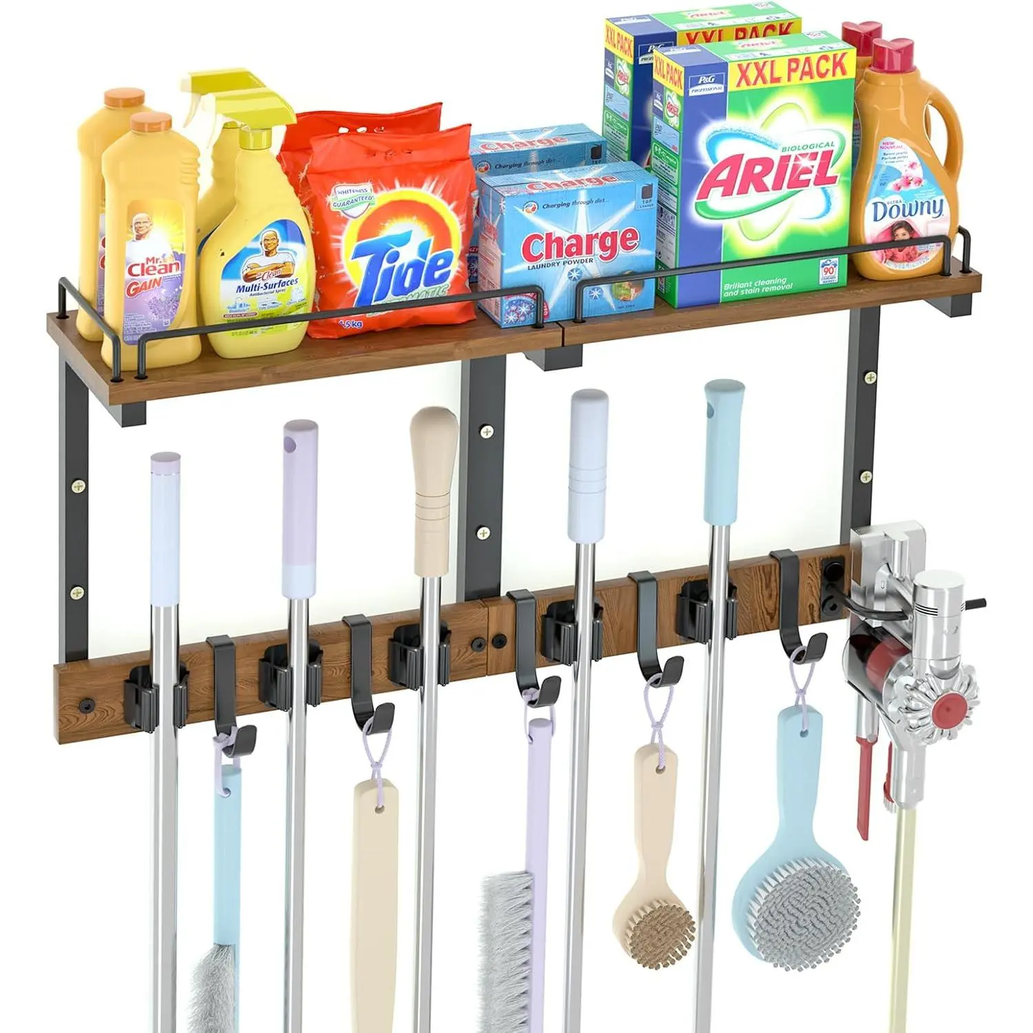 Broom and Mop Organizer Wall  with Cleaning Supplies Organizer,Brown |  Broom Hanger Rack Organizer, Mop Holder with Anti-Fall Wall Shelf with 5 Clips & Hooks for Garage Laundry Room Kitchen