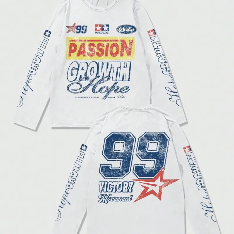 Men's Retro Motor Racing Graphic Long Sleeve T-Shirt, Double-Sided Distressed Print Top, Casual Soft Lightweight T-Shirt, Loose Fit for Spring, Summer and Fall Casual Looks