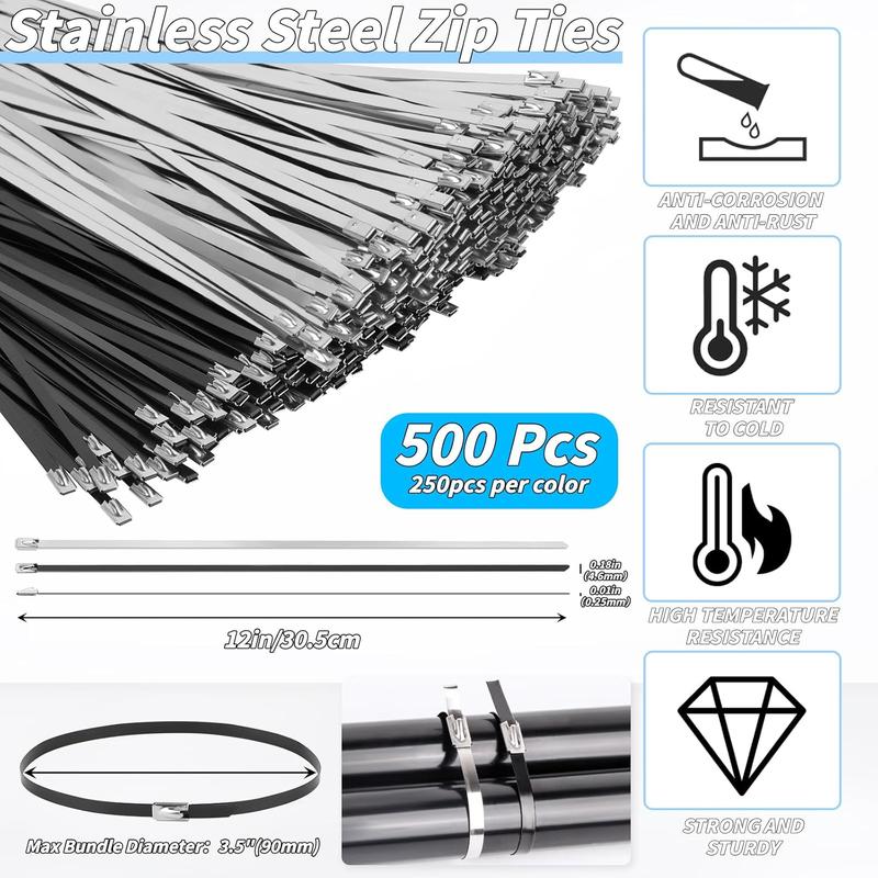 500 count Metal Zip Ties  Kit,  Black 12 Inch Heavy Duty Metal Zip Ties, Multi-Purpose Self-Locking  Tie Tool Set for  Farms  Fences Pipe Bundling
