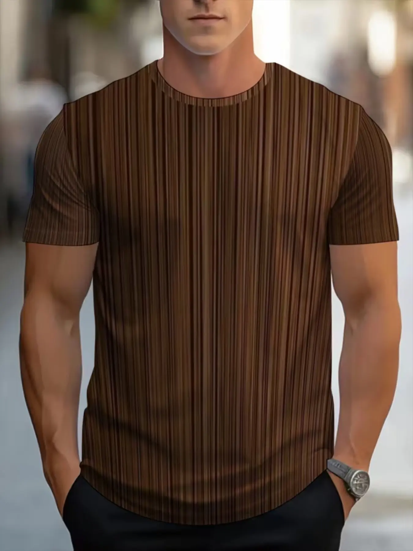 Summer Casual Sporty Short Sleeve T-Shirt, Polyester Material, Vertical Stripes Pattern, Slim Fit, Breathable Comfort, Daily Wear