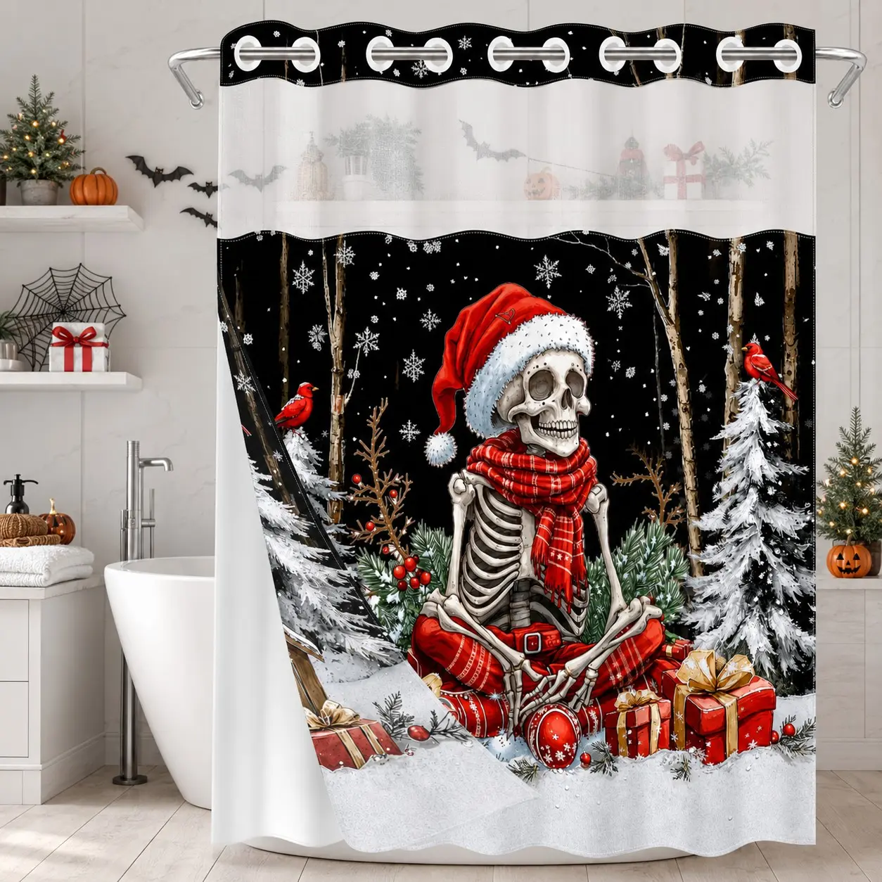 1 Pc Hookless Double Layer Shower Curtain with Snap-in Liner, Christmas Skeleton Santa Hat Snowy Forest Cardinal Gift Print, Waterproof & Mold Resistant Bath Curtain with Mesh Top Window, Holiday Bathroom Decor for Apartment Home Hotel Dorm