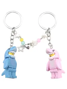 Blue Shark Block Figure Keychain Pair, Star Bead Heart Magnetic Pendant, Couple Best Friend Backpack Charm, Cute Accessory Gift, Friendship Keychain