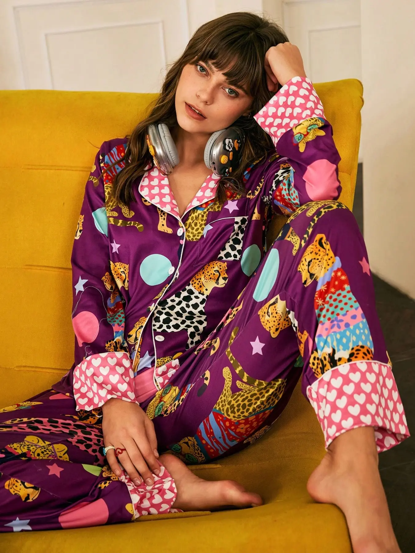 2-Piece Women's Collared Pajama Set, Casual Comfort Long Sleeve Top and Elastic Waist Pants, All-Seasons Home Wear Sleepwear
