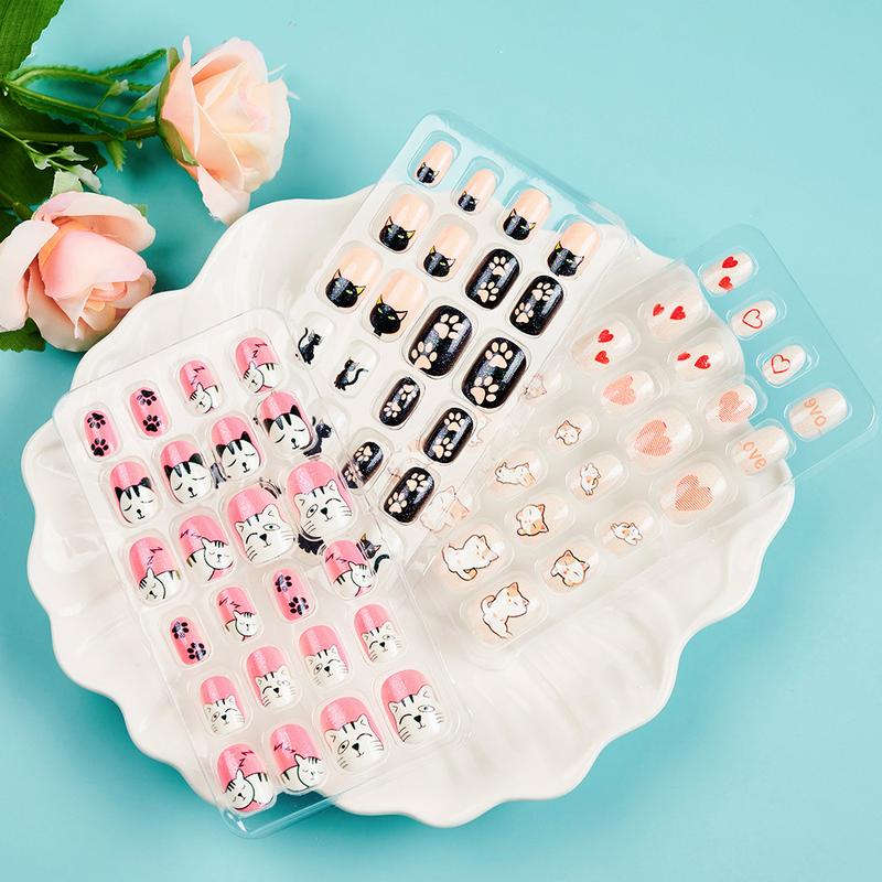 24Pcs/Box Children False Nails Kids Cartoon Girl Press on Nail Short Artificial Fake Nail Safe Full Cover Acrylic Nail Tips Kits