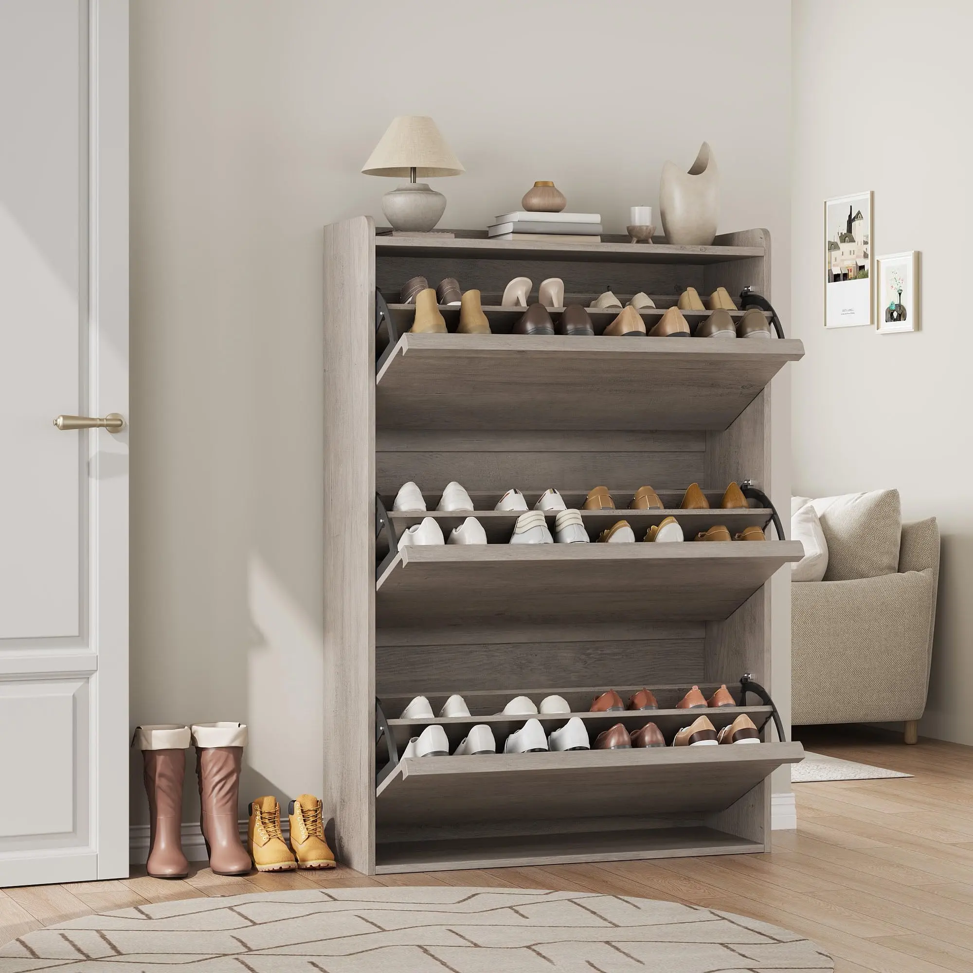 Space-Saving Narrow Shoe Cabinet - 2 or 3 Invert Drawers, Adjustable Wooden Shelves, Modern Hidden Entryway Shoe Organizer, Freestanding Storage Rack for Hallway, Closet, or Foyer