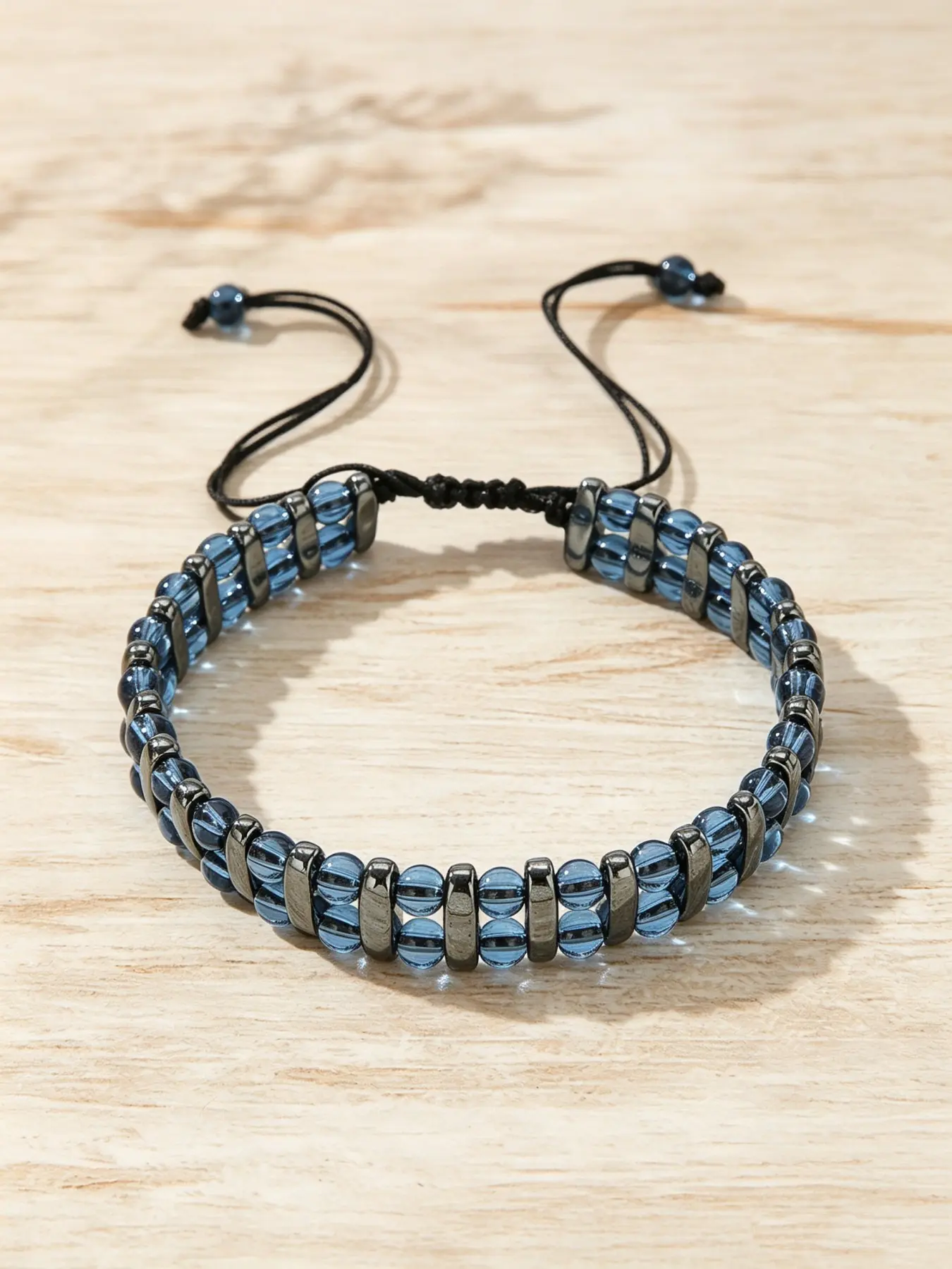 1PC Men's Adjustable Braided Cord Beaded Bracelet, Emerald Blue Red Volcanic Stone Round Glass Beads with Black Hematite Rectangle Spacers, Vintage Healing Crystal Stone Look Wrist Jewelry for Male Daily Meditation Gift