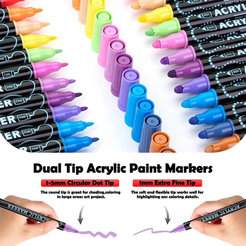 Acrylic Paint Marker Set, 1 Set Dual Tip Acrylic Paint Pens, Glass Marker Pens with Brush Tip and Fine Tip, Paint Pens for Rocks, Wood, Canvas, Stone, Ceramic Surfaces, Acrylic Markers