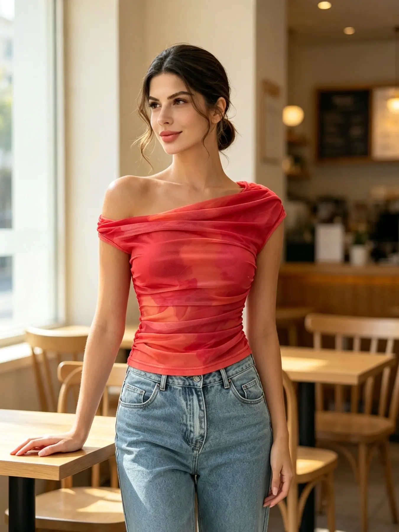 Women's Off-Shoulder Blurred Print Ruched Asymmetrical Neckline T-Shirt Top, Casual Slim-Fit Unlined Plain Surface Tee, Everyday Tops