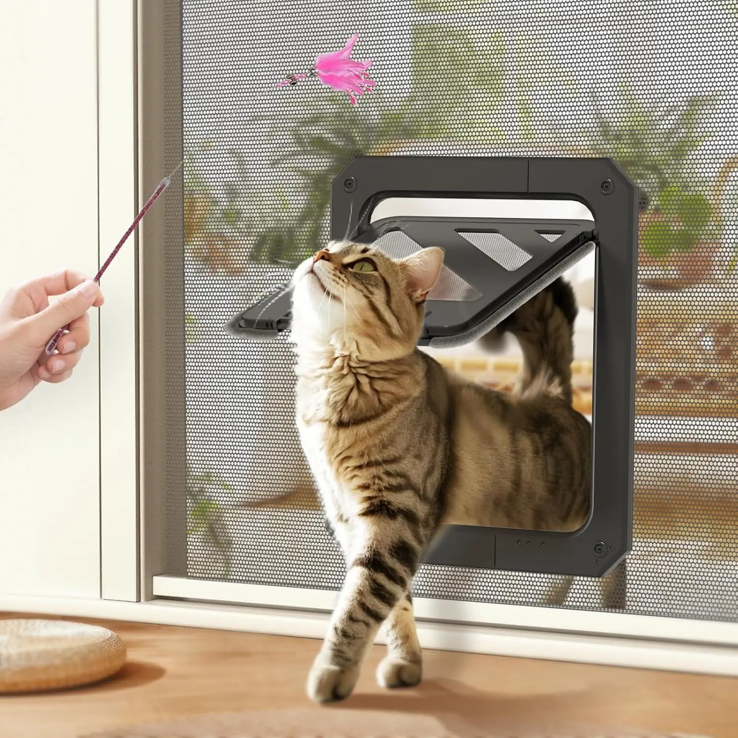 Cat Door for Screen Door, Lockable Cat Screen Door for Cats & Small Dogs Up to 20 lbs, Magnetic Flap Opening 7 x 9 inches, Equipped with Interactive Cat Toy & Installation Tools, Black