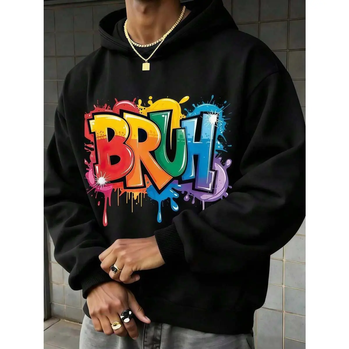 BRUH Colorful Graffiti Hoodie, Retro Splash Paint Graphic Pullover Hooded Sweatshirt, Trendy Streetwear Top for Men Women