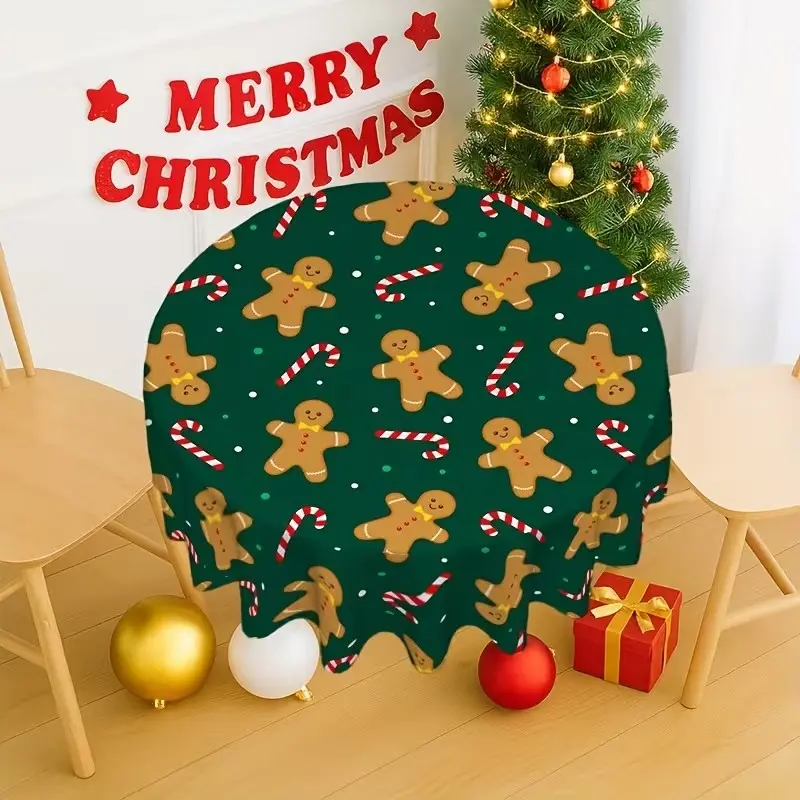 2D Flat Party Tablecloth 1pc, Gingerbread Candy Cane Christmas Round Tablecloth, Holiday Decor, Seasonal Decoration, No Power Needed