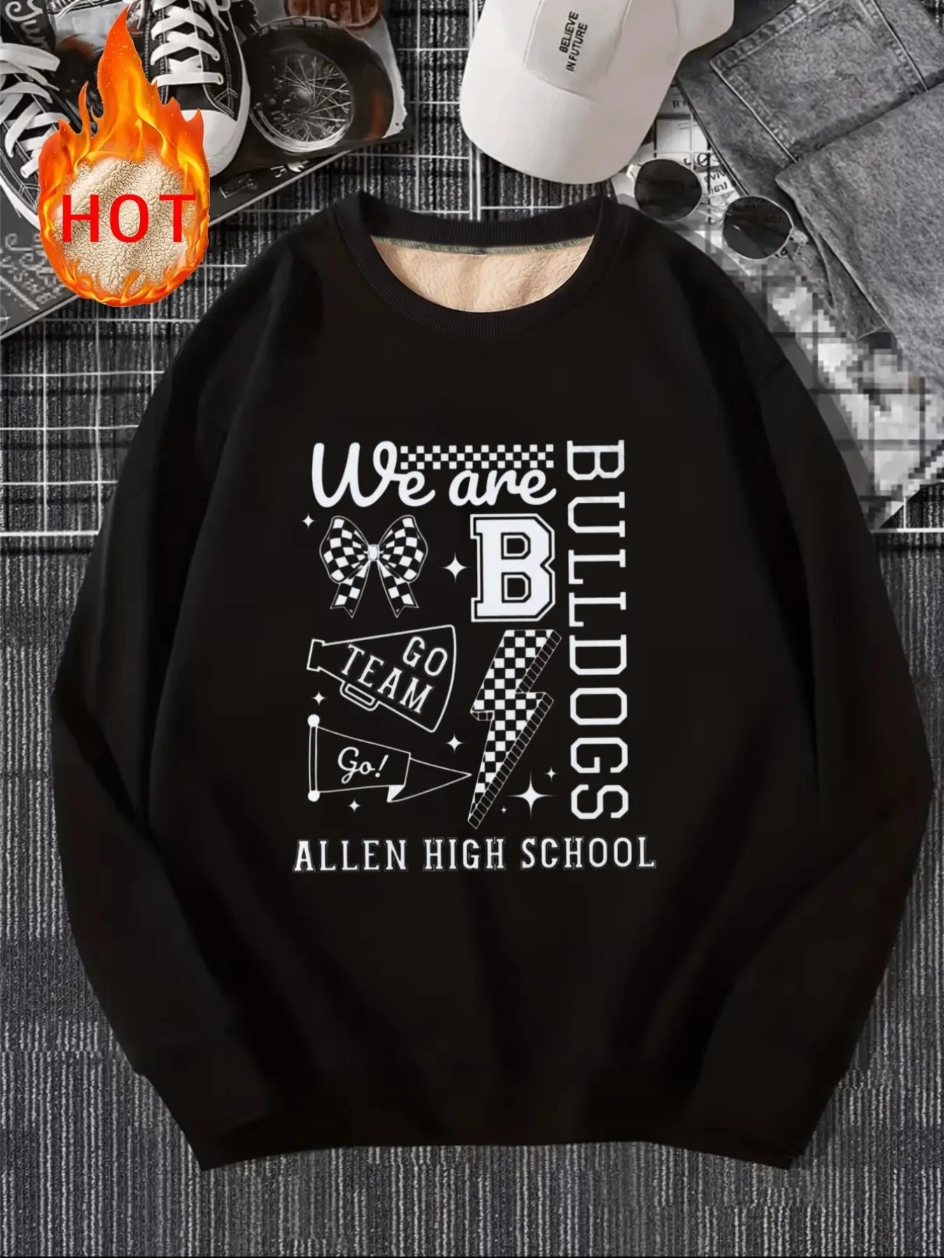 Allen High School Bulldog Team Print Crew Neck Sweatshirt, American Campus Style, Thickened Fleece, Men's Casual Daily Wear
