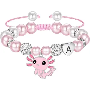 Ritach Graduation Gift fo Her - Cute Axolotl Heart Initial Bracelet CZ Rhinestone Beads and Pink White Pearl Bracelets for Girls Teen Kids Axolotl Graduation Gift for Her Girls Kids Axolotl Lovers