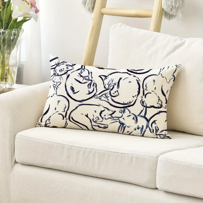 1pc, Linen Chinoiserie Ink and Wash Cat Bule Throw Pillow Cover, Cushion Case Outdoor Decoration for Sofa Couch Farmhouse12x20inch ( , )Double-sided printing design