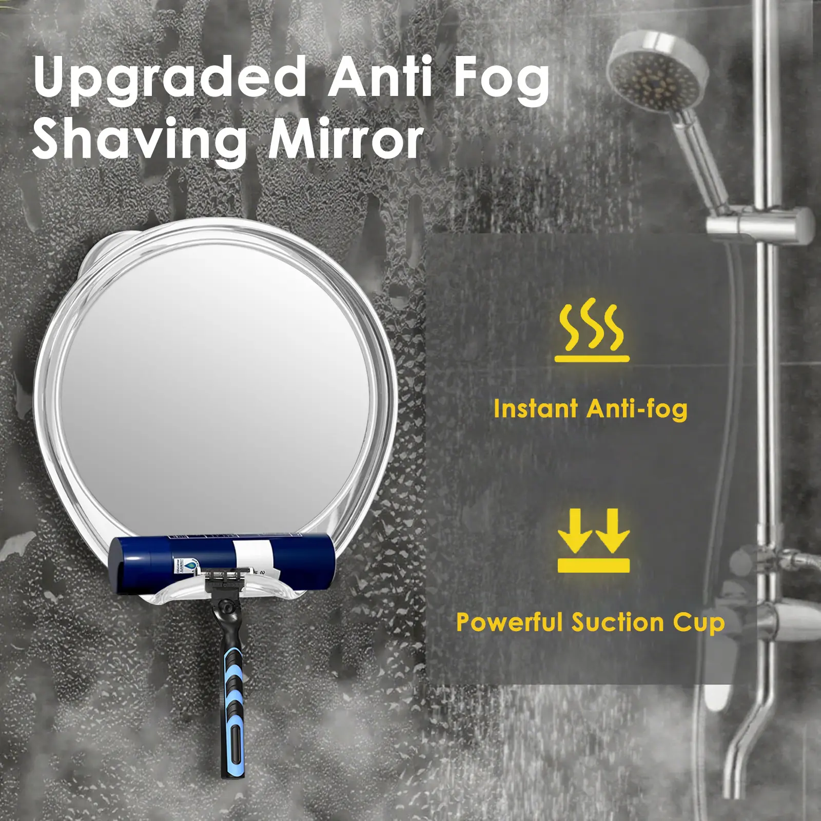Fogless Shower Mirror for Shaving with Suction Mount, Shatterproof Acrylic Bathroom Accessory With 360 Swivel & Built-in Razor Hook, Clear Reflection in Steam & No-Drill Setup
