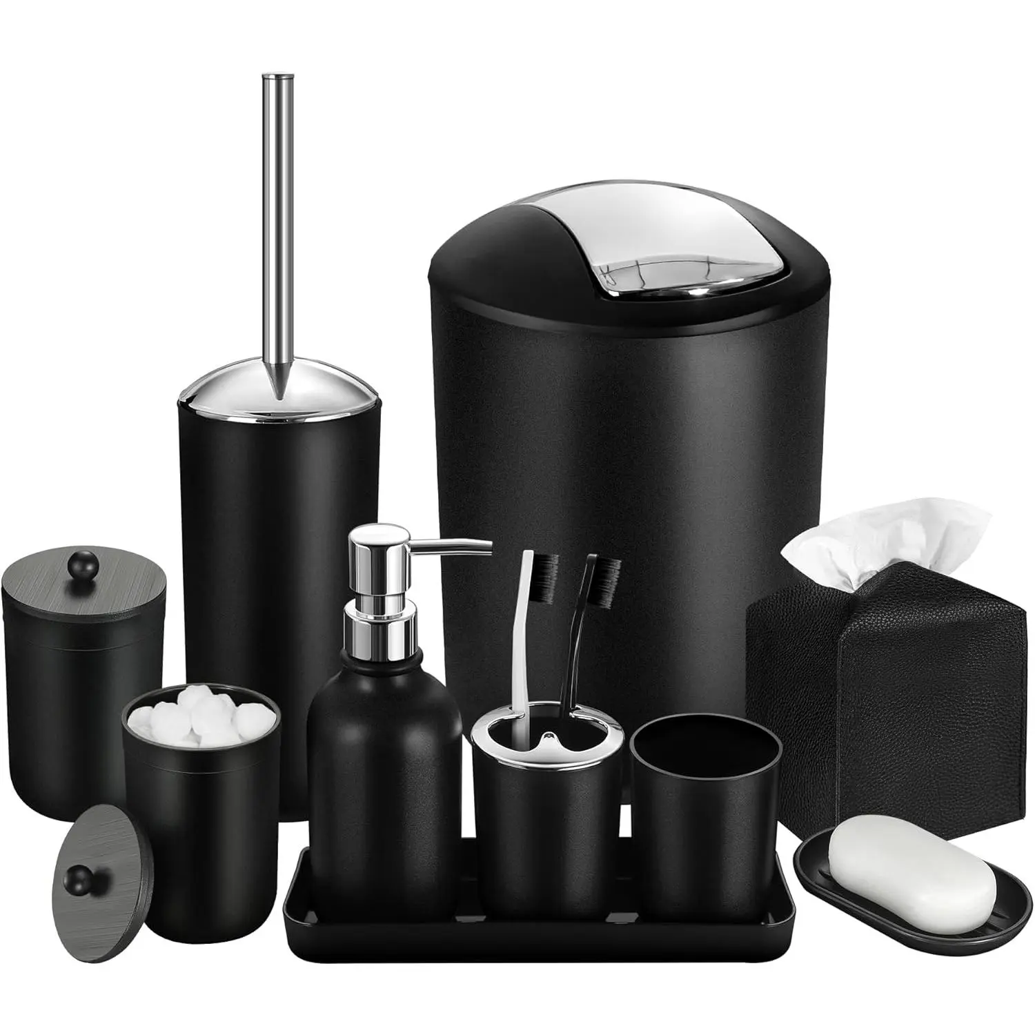 Black Bathroom Accessories Set, 10Pcs Bathroom Accessory Set with Trash Can, Soap Dispenser and Toothbrush Holder, Soap Dish, Cotton Ball & Qtip Holder, Toilet Brush Holder, Tissue Box Cover