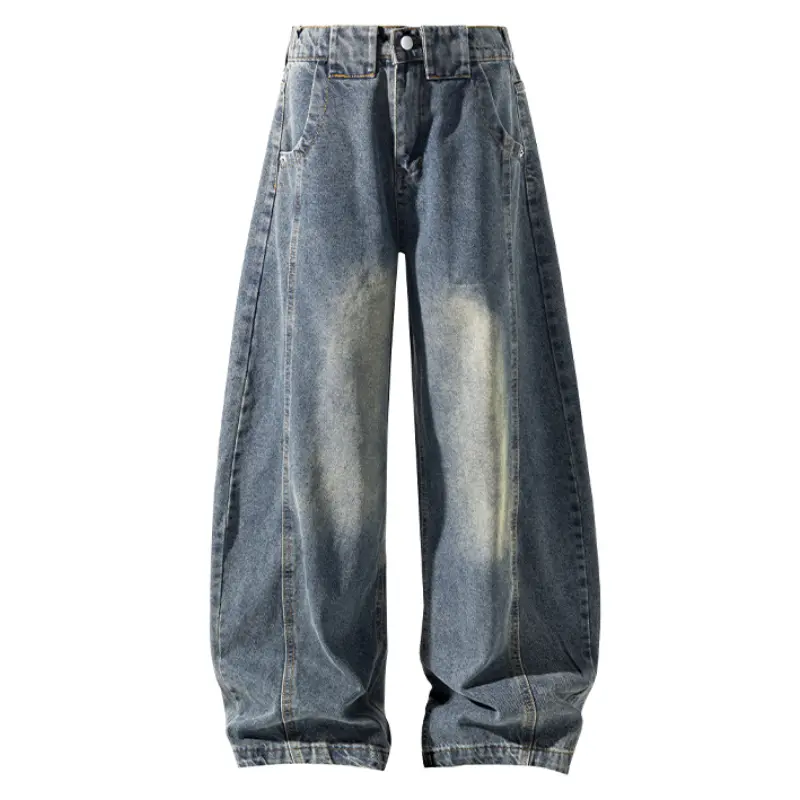 Men's High-Waist Scimitar-Cut Vintage Faded Wash Denim Jeans - Split Seam, Pocket, Button, Classic Casual Retro Streetwear, All Seasons, Stylish Versatile Apparel, Size M (Vintage Jeans Style)