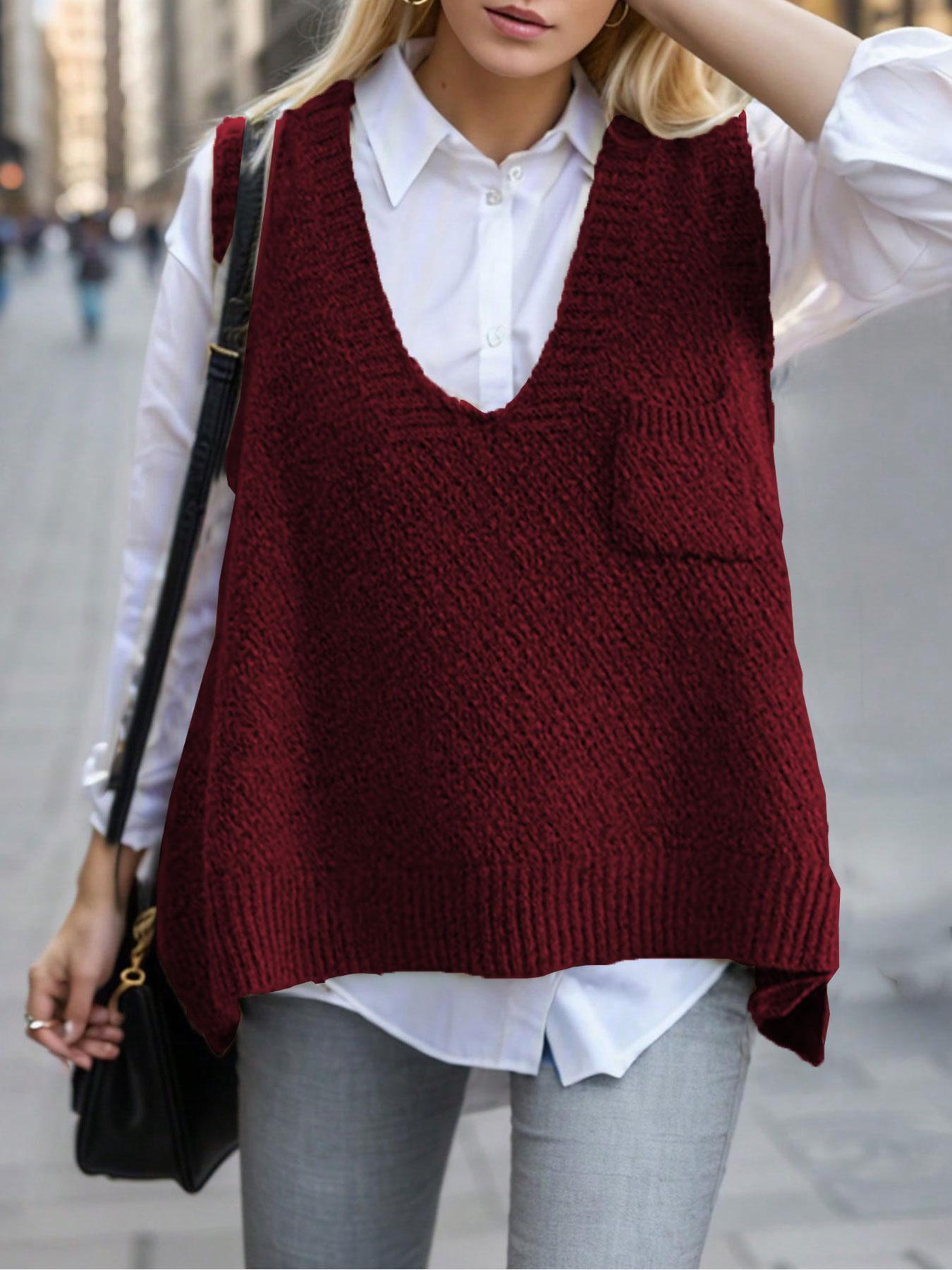 Women's Solid Pocket High Low Hem V Neck Sweater Vest, Casual Sleeveless Jumper Vest for Daily Wear, Ladies Knitwear for All Seasons, Chic Elegant Vest