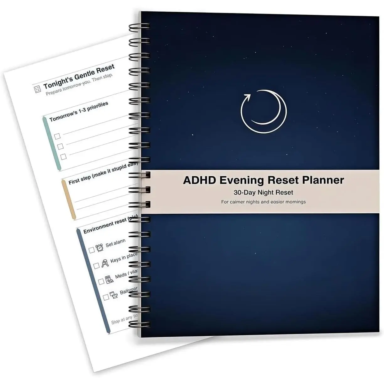 Evening Reset Planner (Undated) – 30-Day Night Routine Journal & Checklist, Calm Your Mind Before Bed, 2/5/10-Min Reset System, Brain Dump for Racing Thoughts, For Adults & Teens