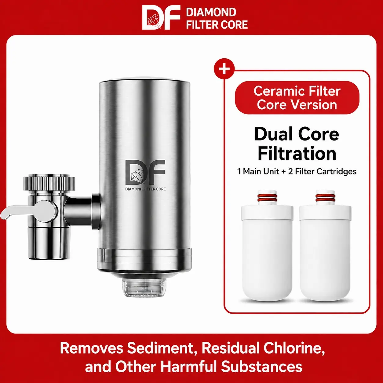 1 Unit 2 Filter（ceramic） style 304 Stainless Steel Faucet Filter, Reduces Odor, Discoloration, and Scale in Kitchen
