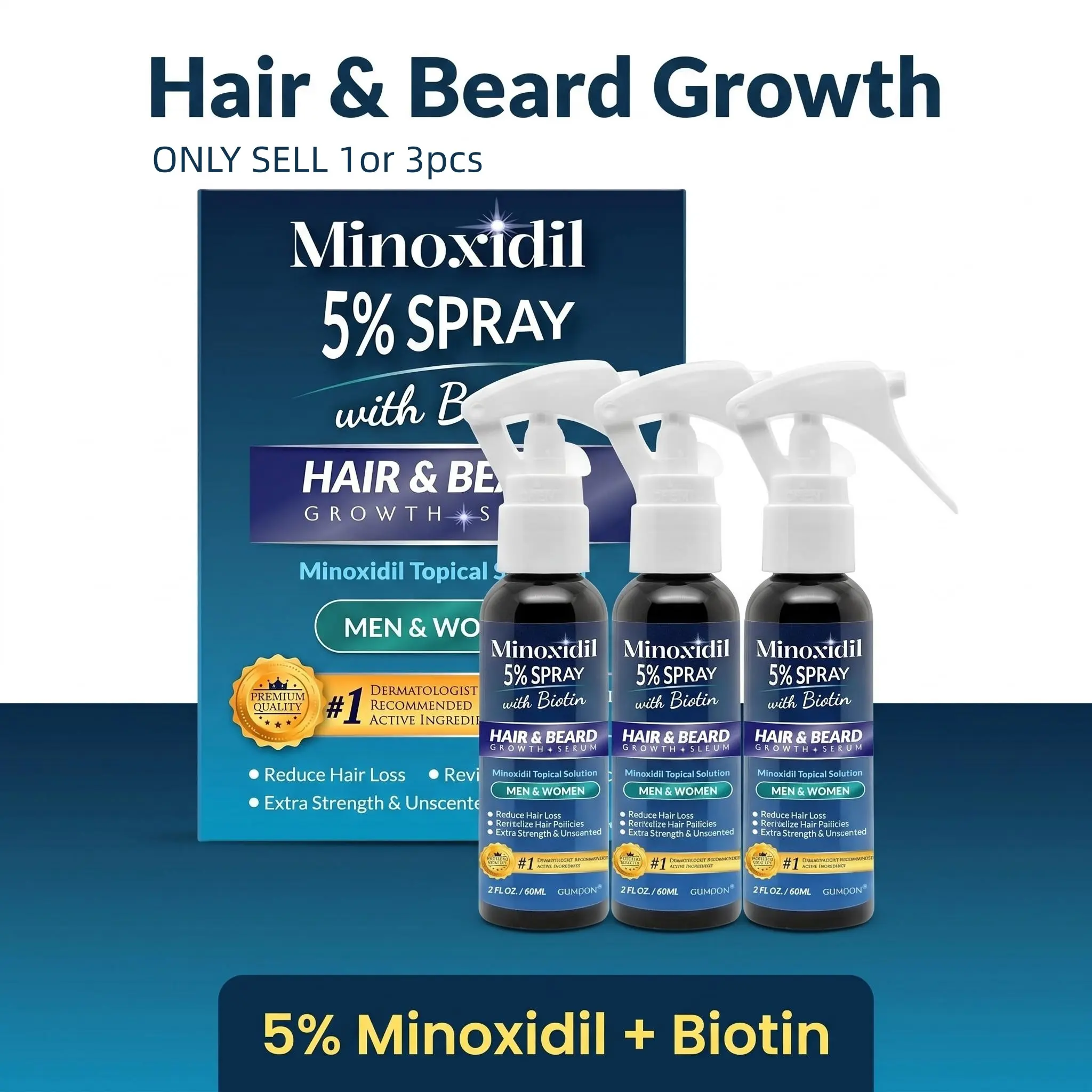 1Pcs 5% Minoxidil Topical Spray With Biotin Dual Purpose Hair Beard Treatment Unscented Easy Spraying Light Texture Portable 60ml For Business Trip Nightly Scalp Touch Up Beard Styling Men Beard Growers Women Thinning Hair Care Users