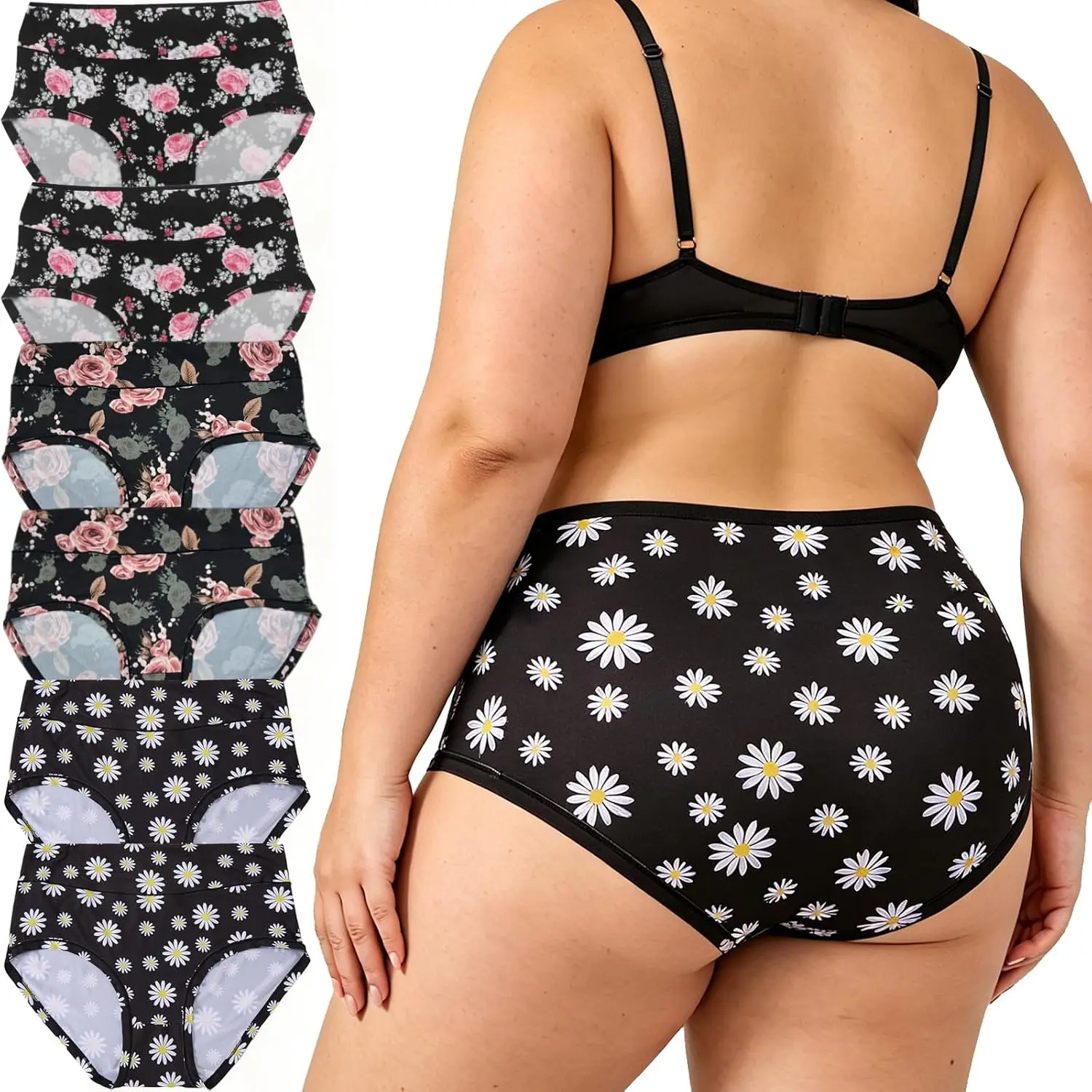 Women's Plus Size Brief Panties, 6-Pack Mid-High Waist Classic Print Undies, Breathable Soft Moisture-Wicking for Everyday Wear (XL-5XL)