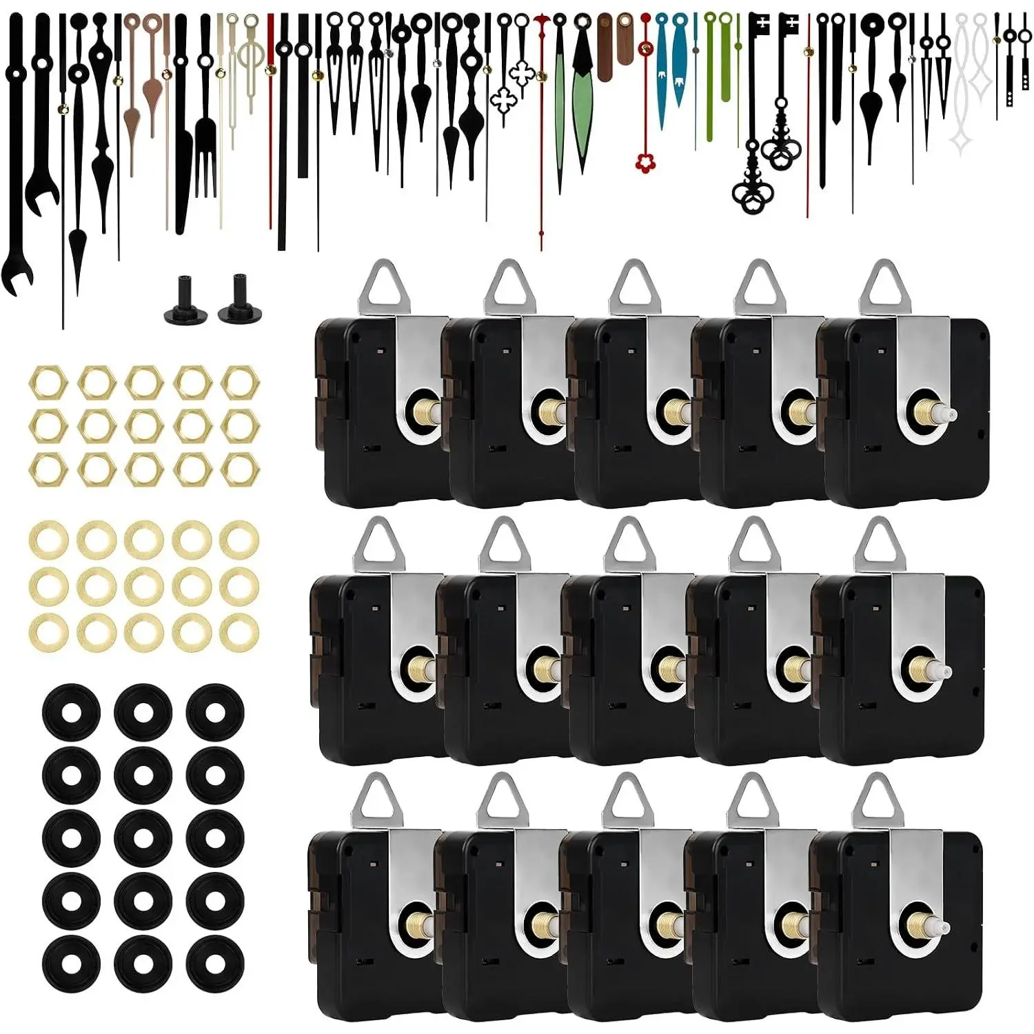 15 Pack Mechanism Replacement Kit with 20 Hands, Quartz Clock Movement Replacement, Clock Movement Motor Kit for Clock Repair, Replacement and Custom Clock (Thread Length 9mm)