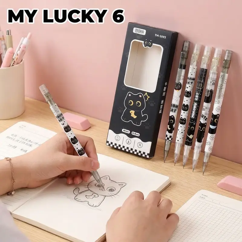6pcs 0.5mm Mechanical Pencils, Cute Cat Theme Office & Study Supplies, Sketching and Writing, Multicolor, Ideal for Students and Artists, Stationery Supplies, School Supplies