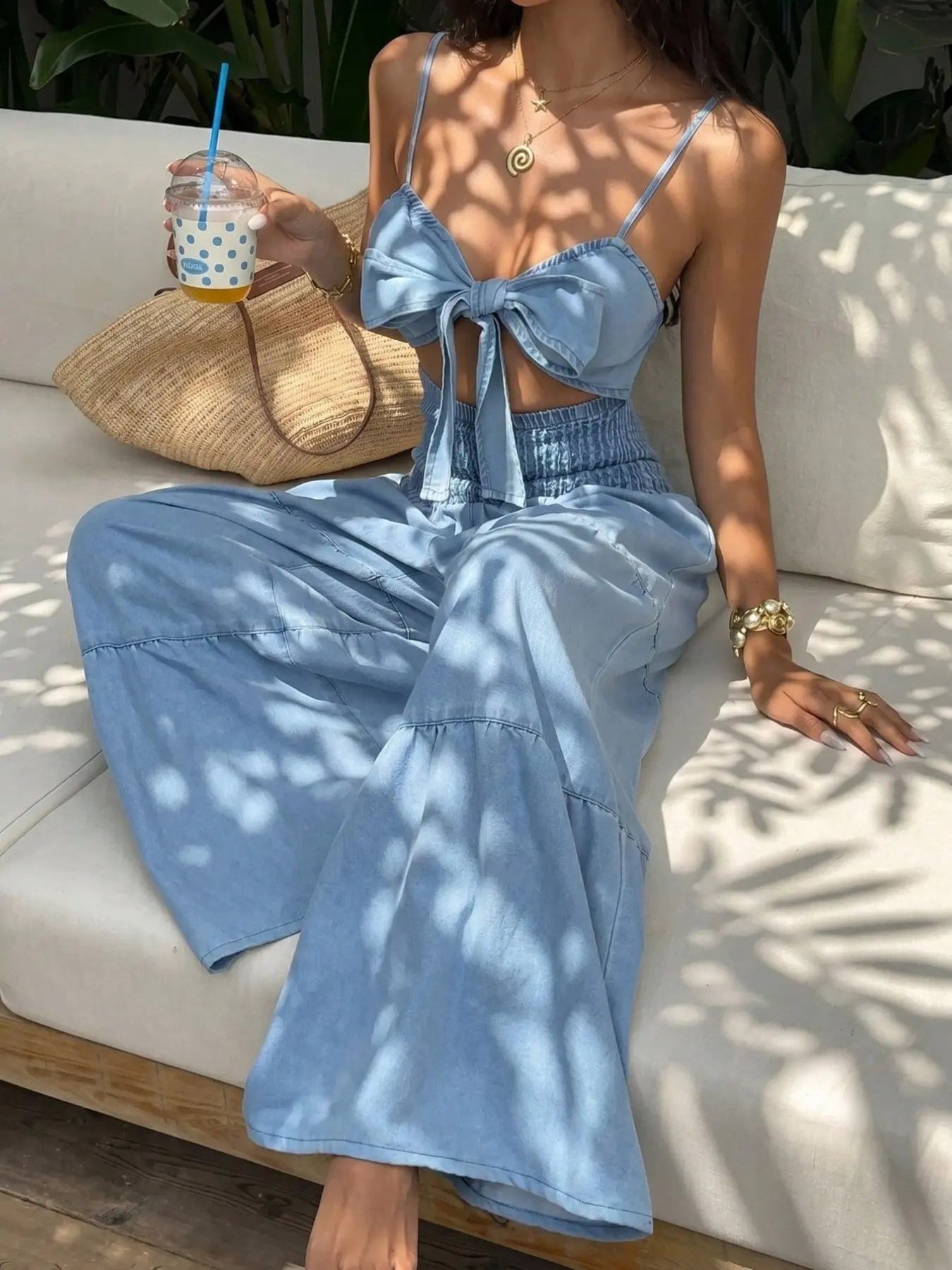 66601-Sy Bow Tie Halter One-Piece Jeans, Casual Leisure Denim Cut-Out Laces Short Top, Multi-Layered Wide Leg Flare Pants