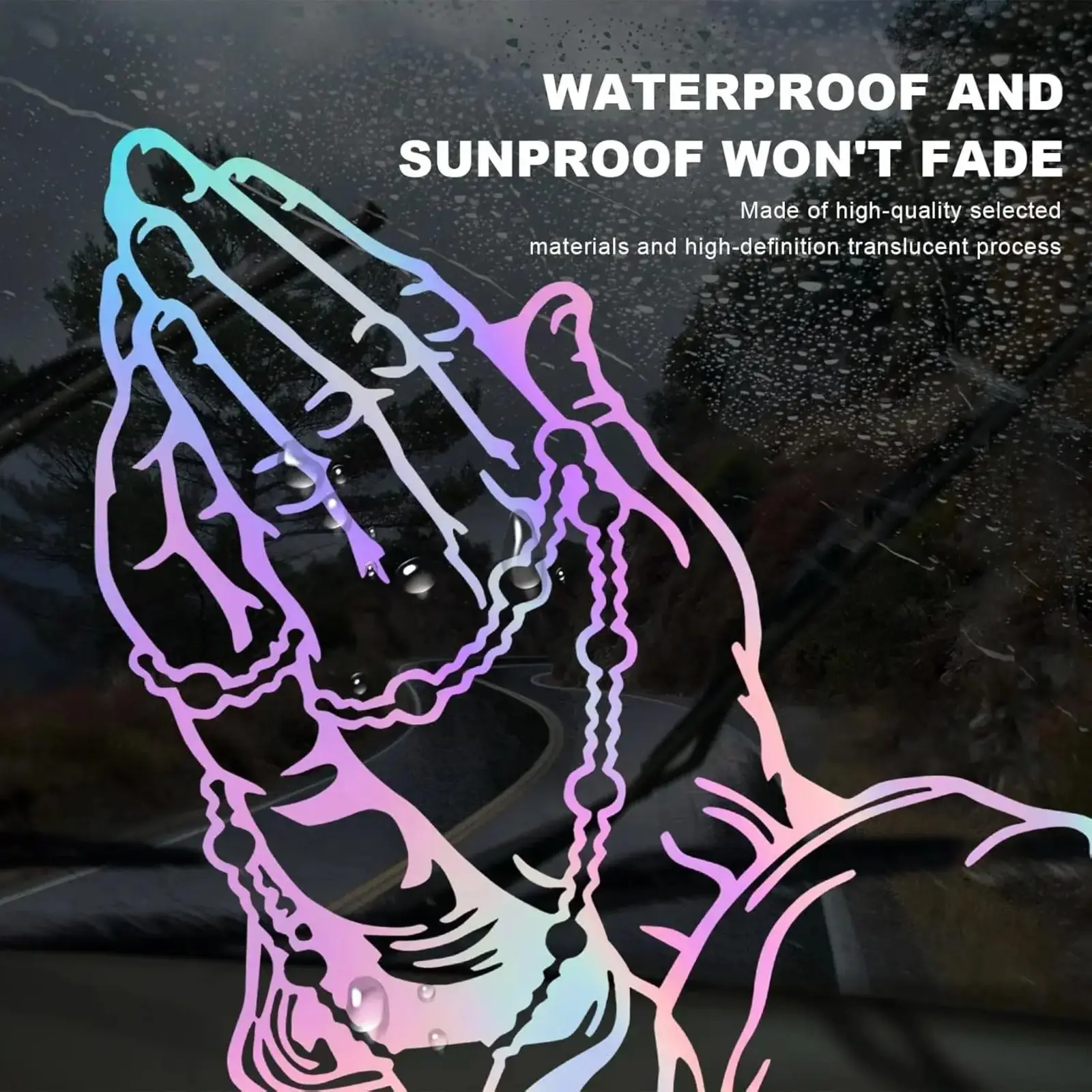 2Pcs/1Pcs  Laser Shine Cross Prayer Rosary Hand Car Decal, 7x4.3 Inch Multicolor Flexible Vinyl Vehicle Sticker, Waterproof Fade Resistant Vivid Print Universal Auto Exterior Ornament for Faith & Car Body Decoration