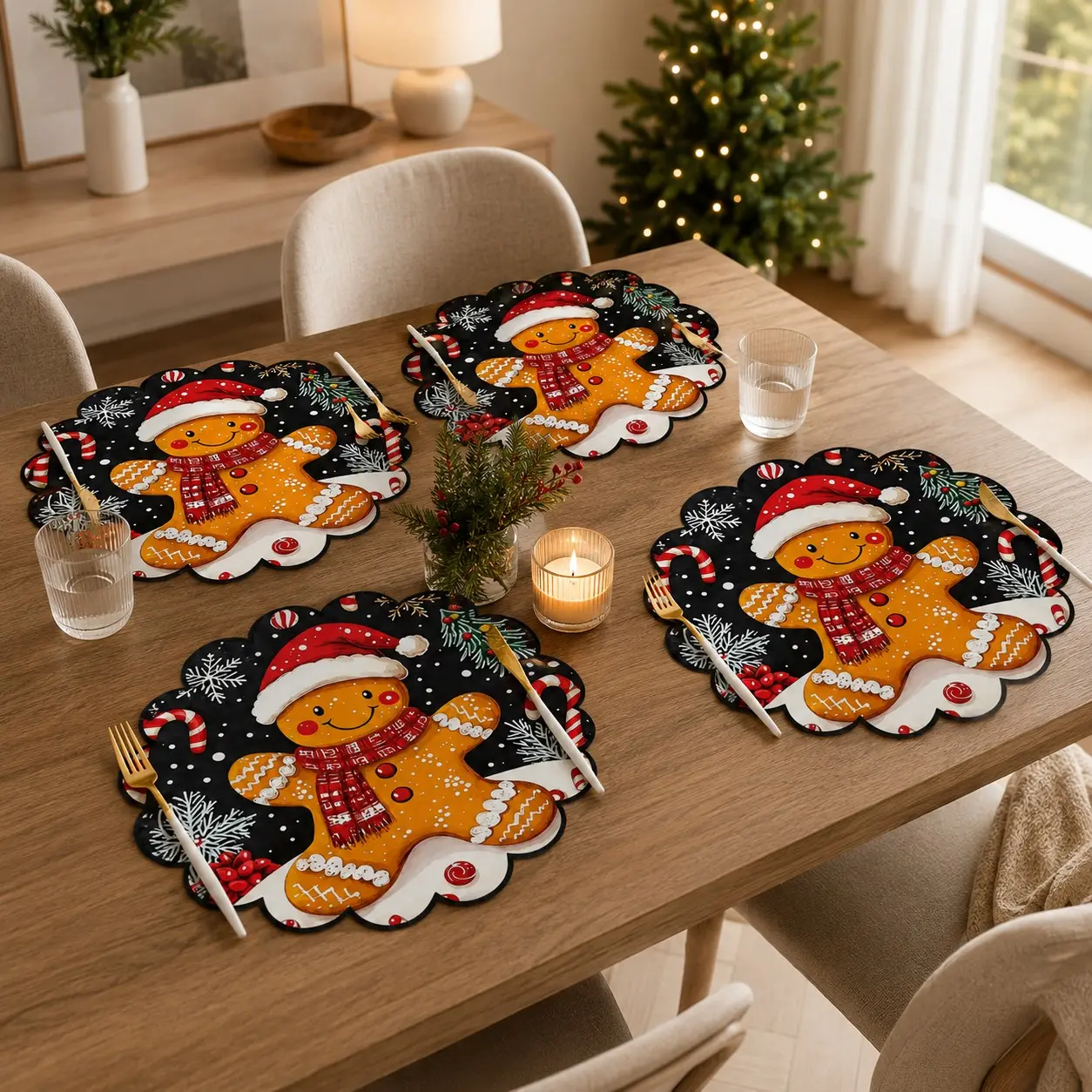 4-Pack Christmas Gingerbread Man Silicone Placemats, Round Non-Slip Heat-Resistant Table Mats for Winter Dining, Holiday Parties & Festive Decor