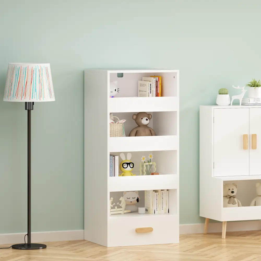 4-Tier Freestanding MDF Modern Bookcase - Single Unit Organizer Shelf with 3 Sliding Drawers, 1 Bottom Drawer, Large Vertical Storage Rack for Minimalist Decluttering, Home Office Living Room Furniture, Organizer Shelf Living Room Furniture