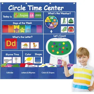 Circle Time Learning Center Pocket Chart for Classroom, Educational Teaching Materials with Learning Calendar Weather Number Counting Letter Color Shape Wording Rhyme Pictures (Blue)
