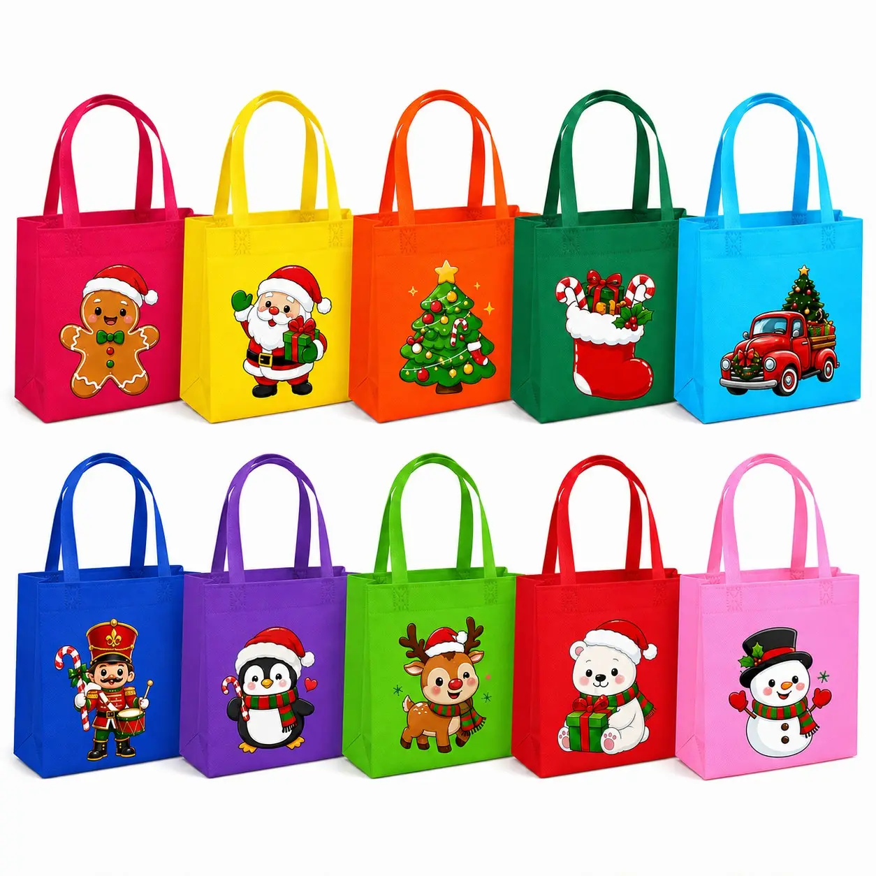 10 Christmas Gift Bags, Goody Bags, Festive Designs Including Santa, Tree, Nutcracker, Reindeer, Socks, Perfect for Holiday Party Gifts