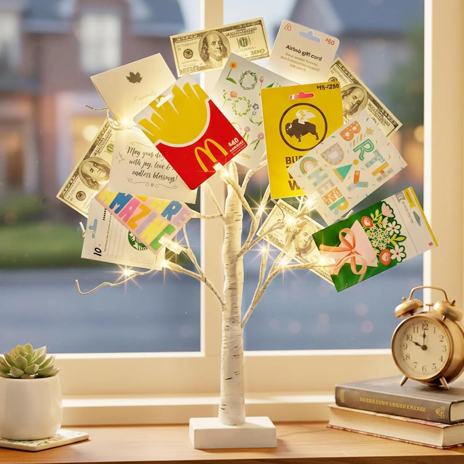 24 LED Lighted Birch Money Tree Gift Holder with 12 Clear Clips, Battery/USB Powered with Timer, Ideal for Christmas Wedding Birthday Graduation Photo Memo Card Display