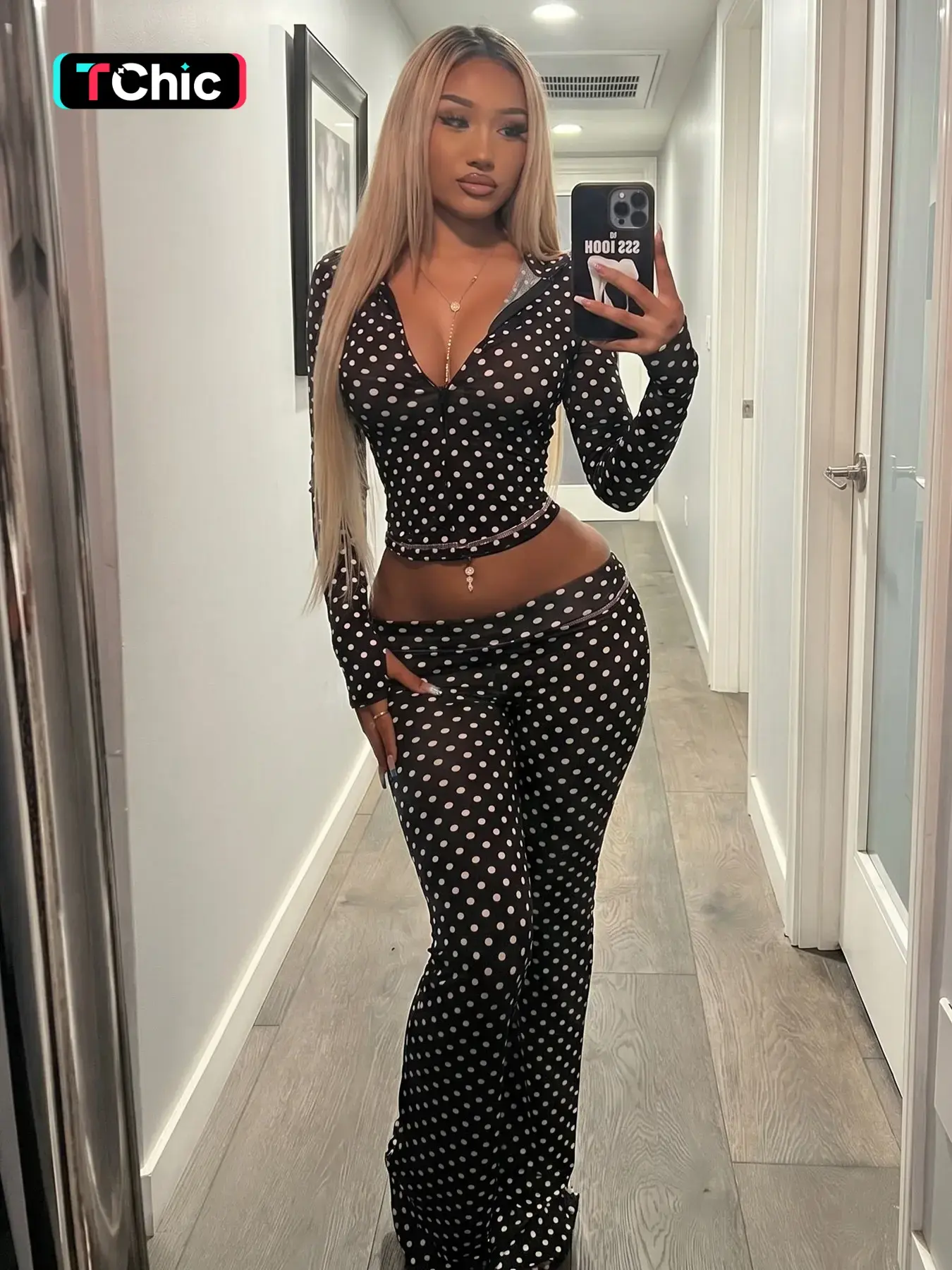 Women's Top & Pants Two-piece Set, Matching Clothing Set, Boss Babe Outfit, Polka Dot Print Zip-Up Extra Long Sleeve Hooded Sweatshirt Top & Flare Leg Long Pants Set, Spring Fall Winter Casual Set