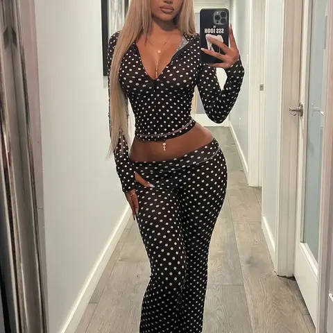 Women's Top & Pants Two-piece Set, Matching Clothing Set, Boss Babe Outfit, Polka Dot Print Zip-Up Extra Long Sleeve Hooded Sweatshirt Top & Flare Leg Long Pants Set, Spring Fall Winter Casual Set