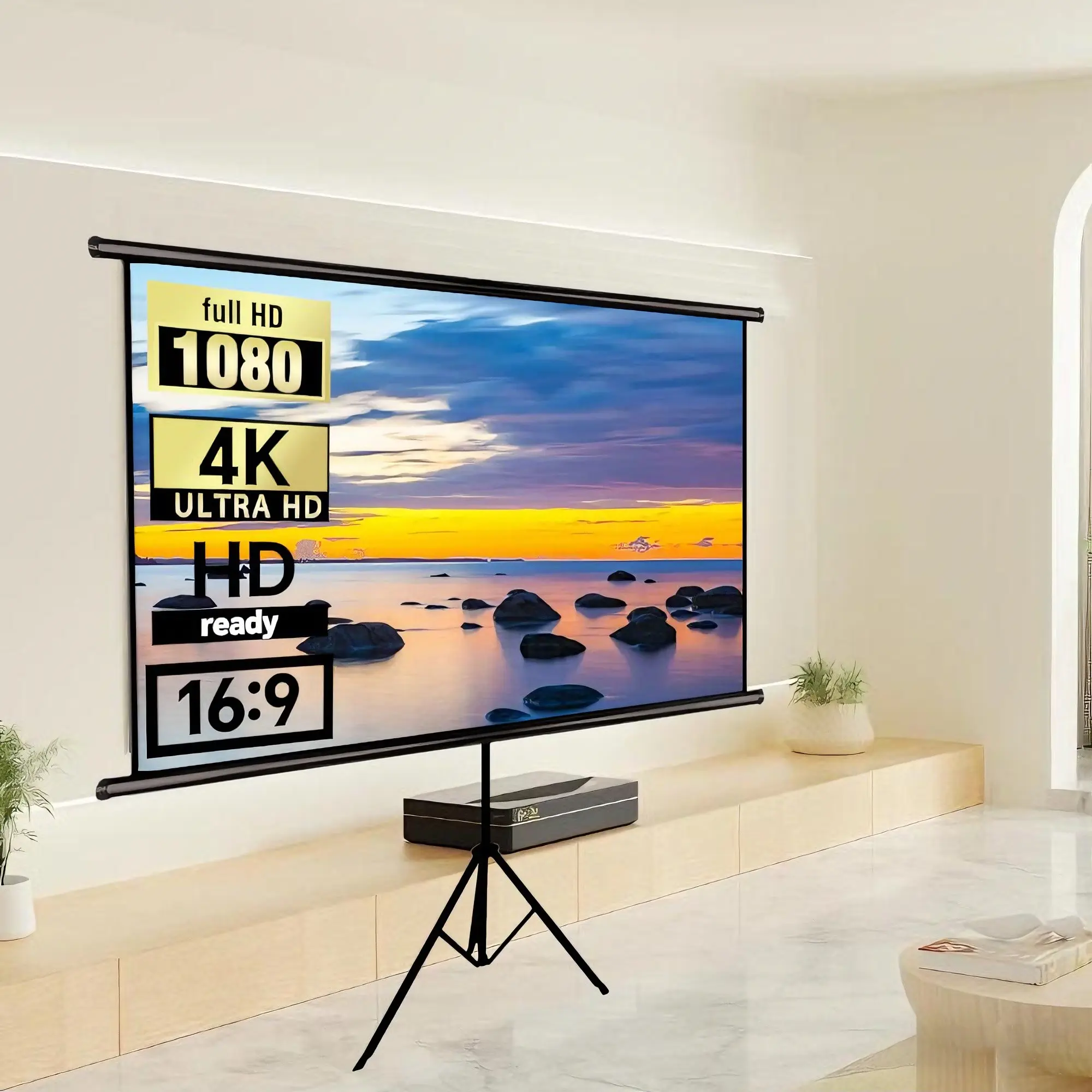 Tripod Mount Projection Screen, Adjustable Height Stand, Portable 4K/HD 16:9 Wrinkle-Free, Indoor Outdoor Use, Home Theater, Gaming Device, HD Projector Screen