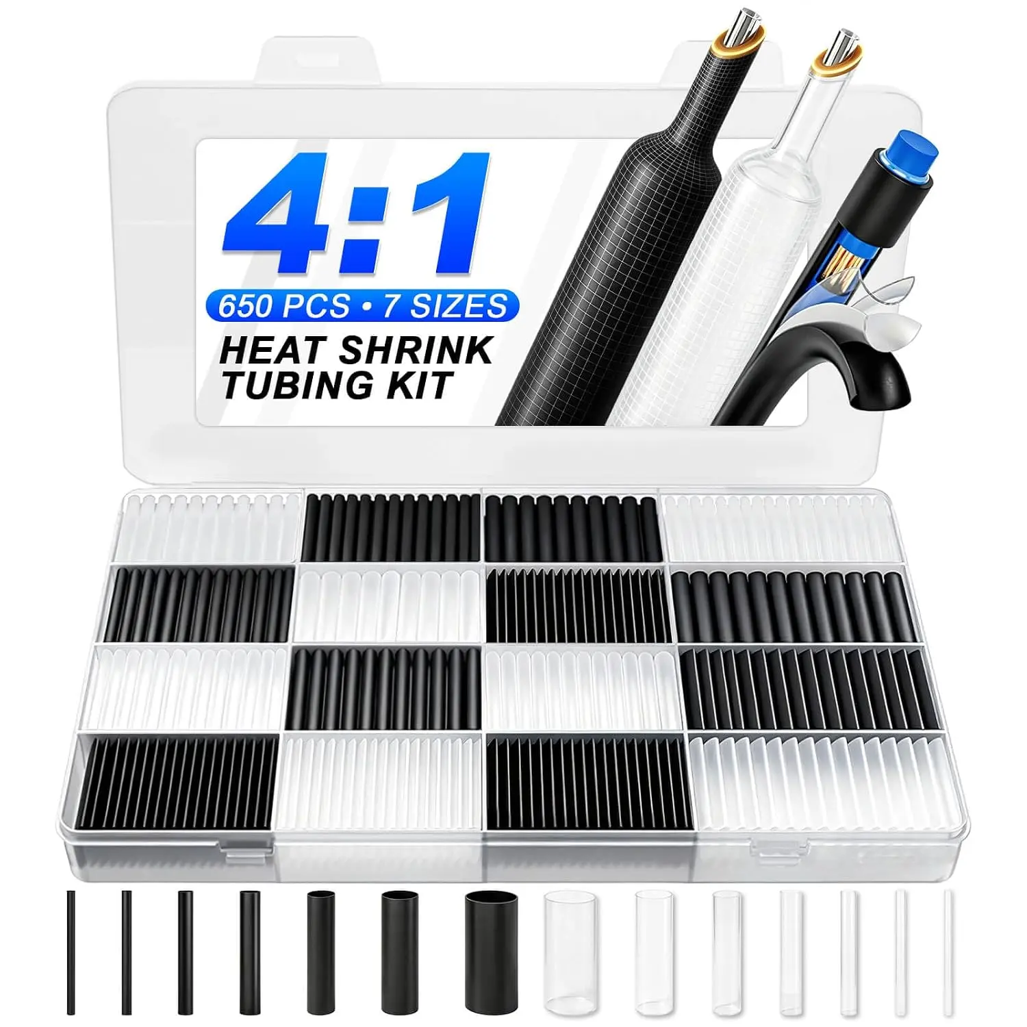 4:1 Adhesive Lined Heat Shrink Tubing Kit, 650 count  Wall Tubing | 7 Sizes 3/32"-3/4", Clear & Black,  Industrial Wire Shrink Wrap for Electrical, Marine and Automotive Use